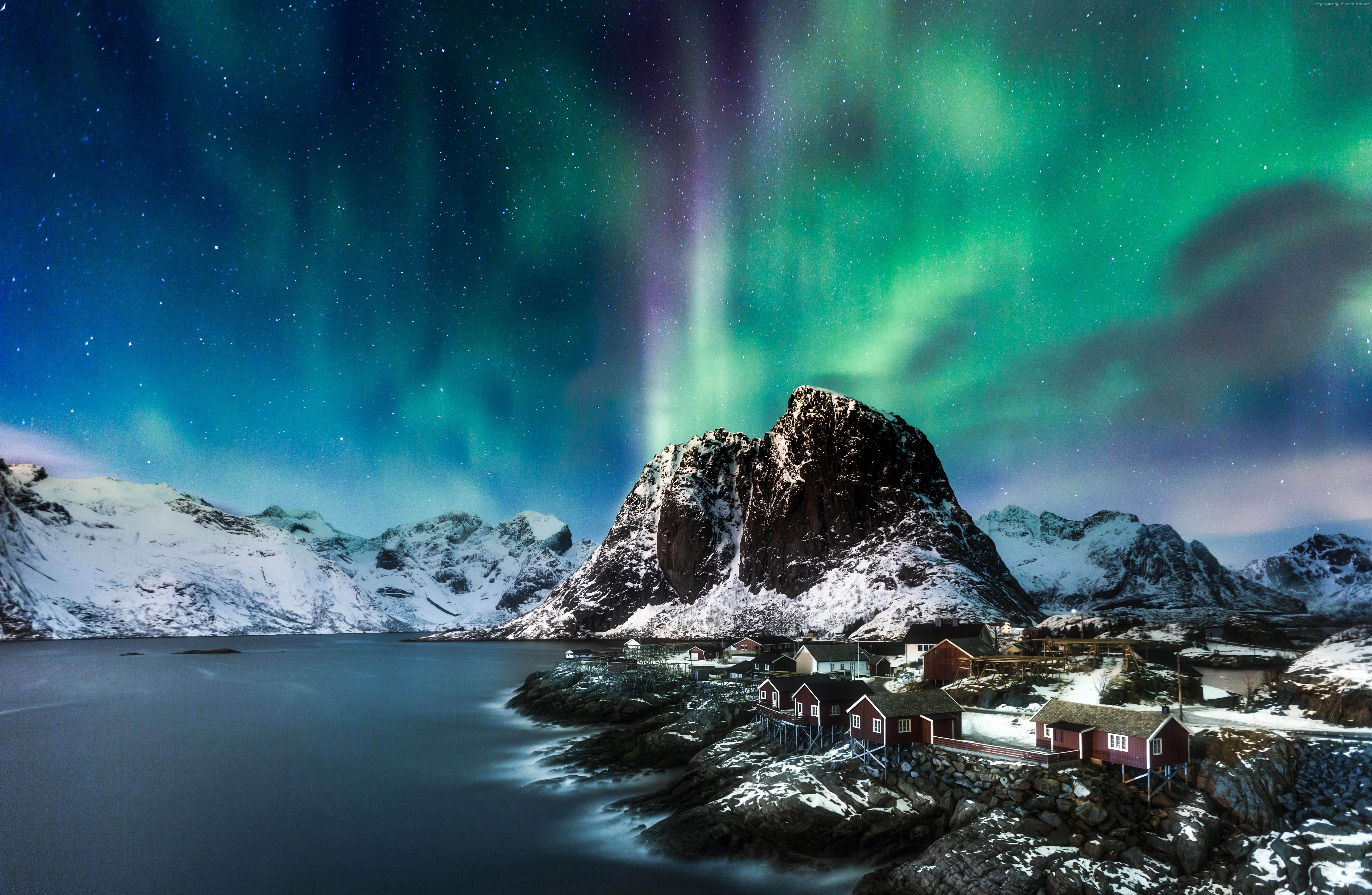 Norway, 5k, Lofoten islands, 5K, northern lights, night, Mountains, sea, Europe, HD Wallpaper