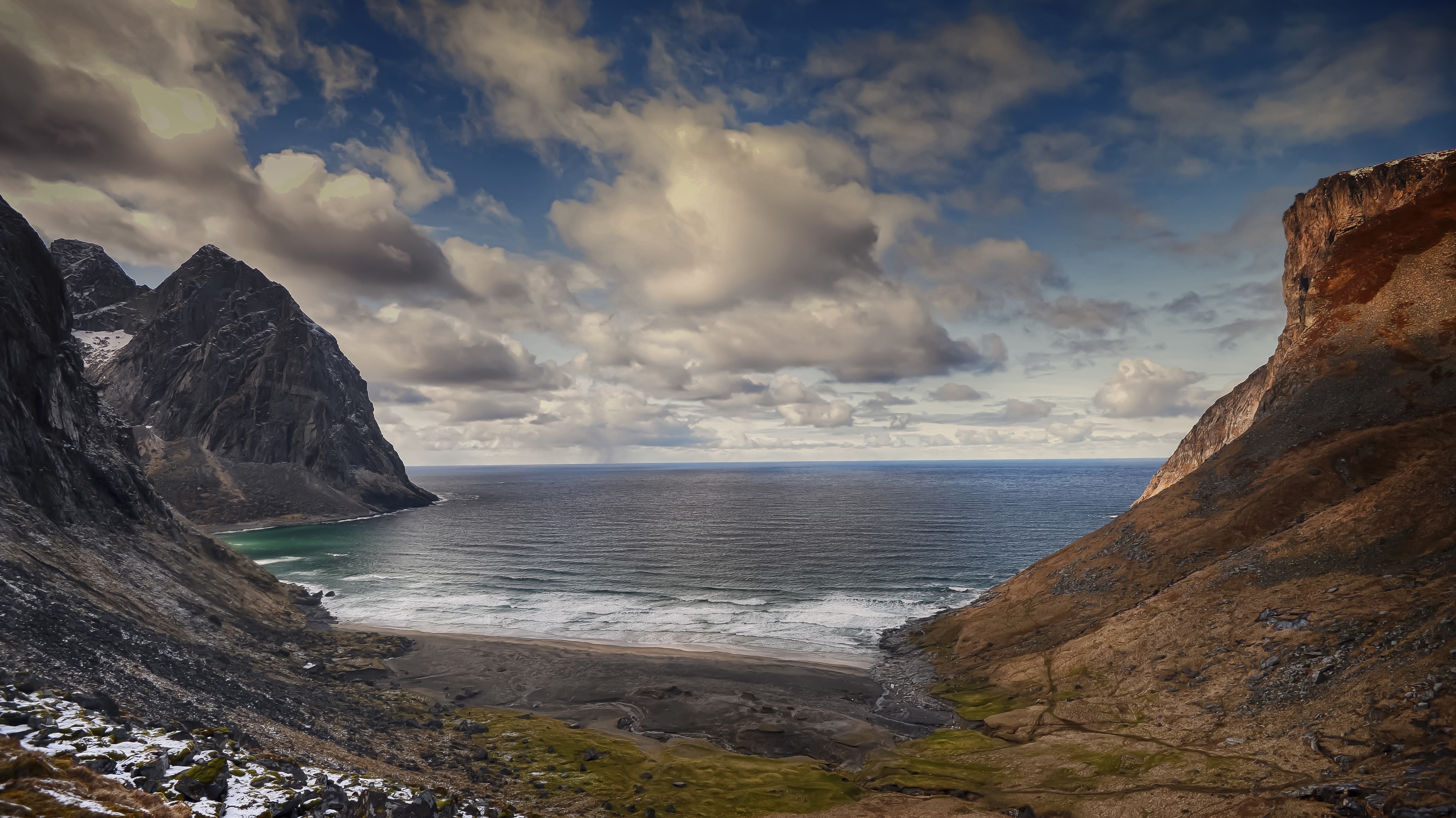 Lofoten, Mountains, Islands, Kvalvika, Norway, Sea, Clouds, cumulus, Beach, 4K, HD Wallpaper