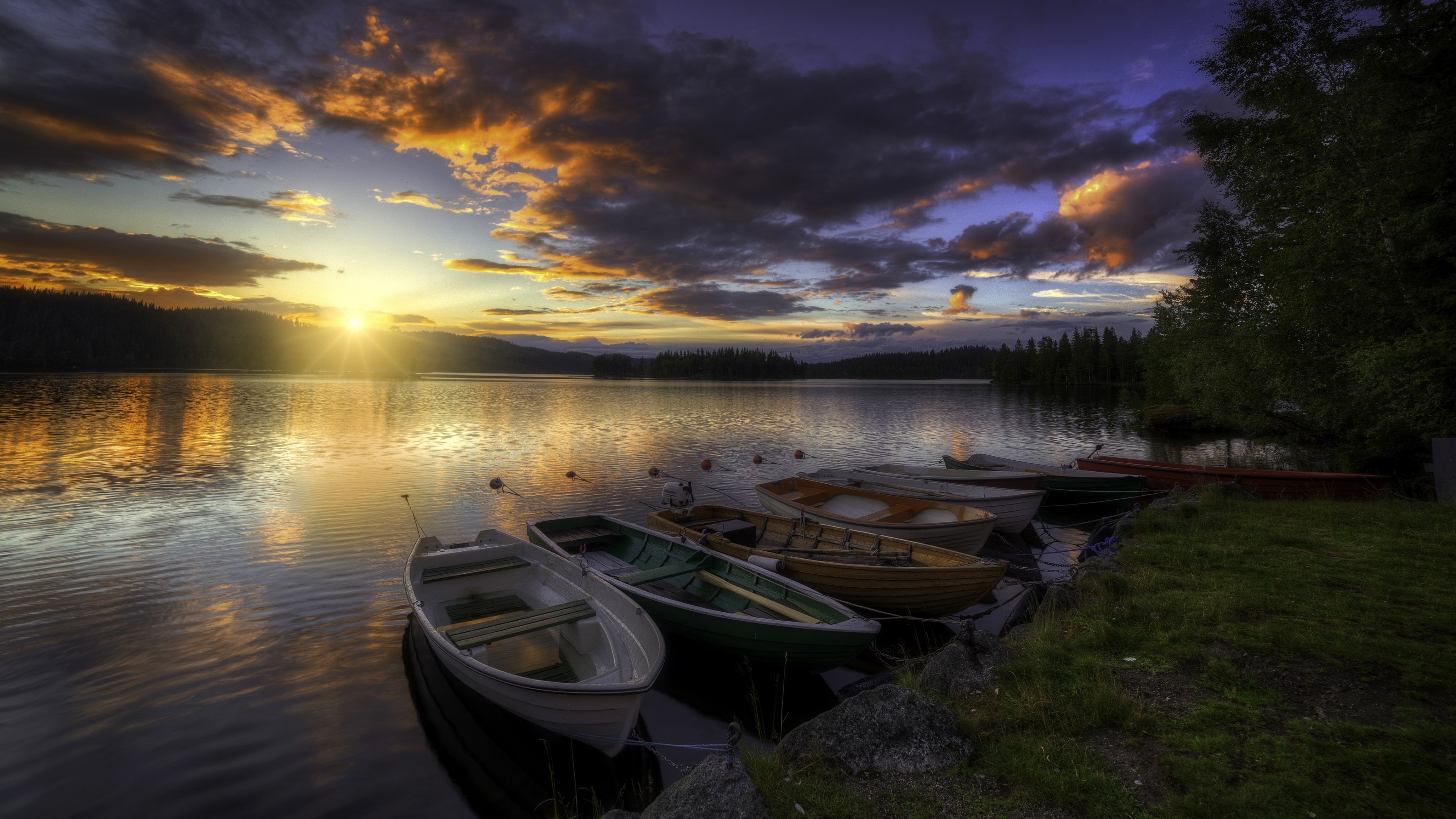 oyangen, reflection, sunset, eu, europe, waterway, sky, cloud, 4K, atmosphere, boats, boat, evening, landscape, sea, water, lake, nature, ringerike, norway, HD Wallpaper