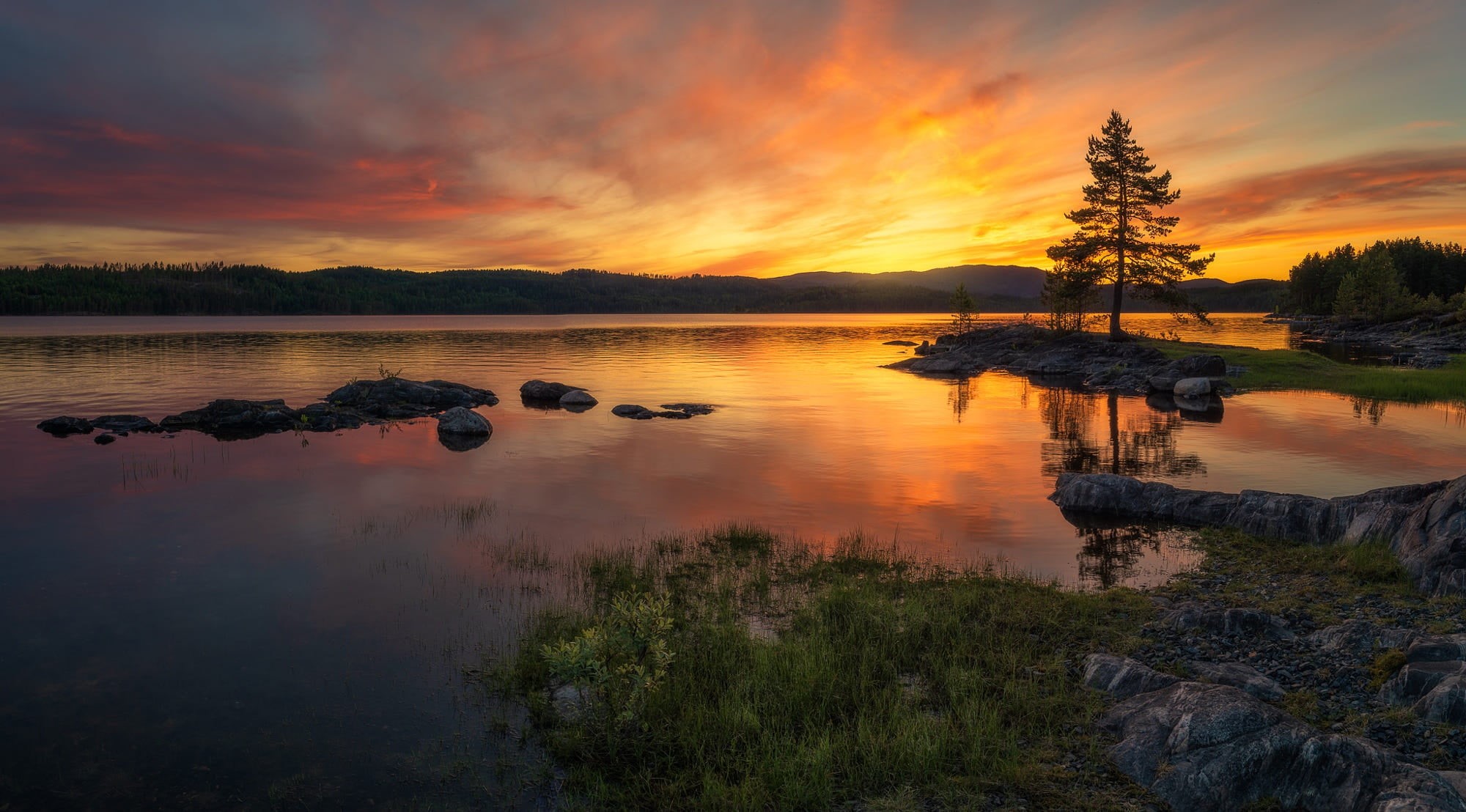 Ole Henrik Skjelstad, hills, forest, sunset, Ringerike, Norway, lake, 1080P, HD Wallpaper