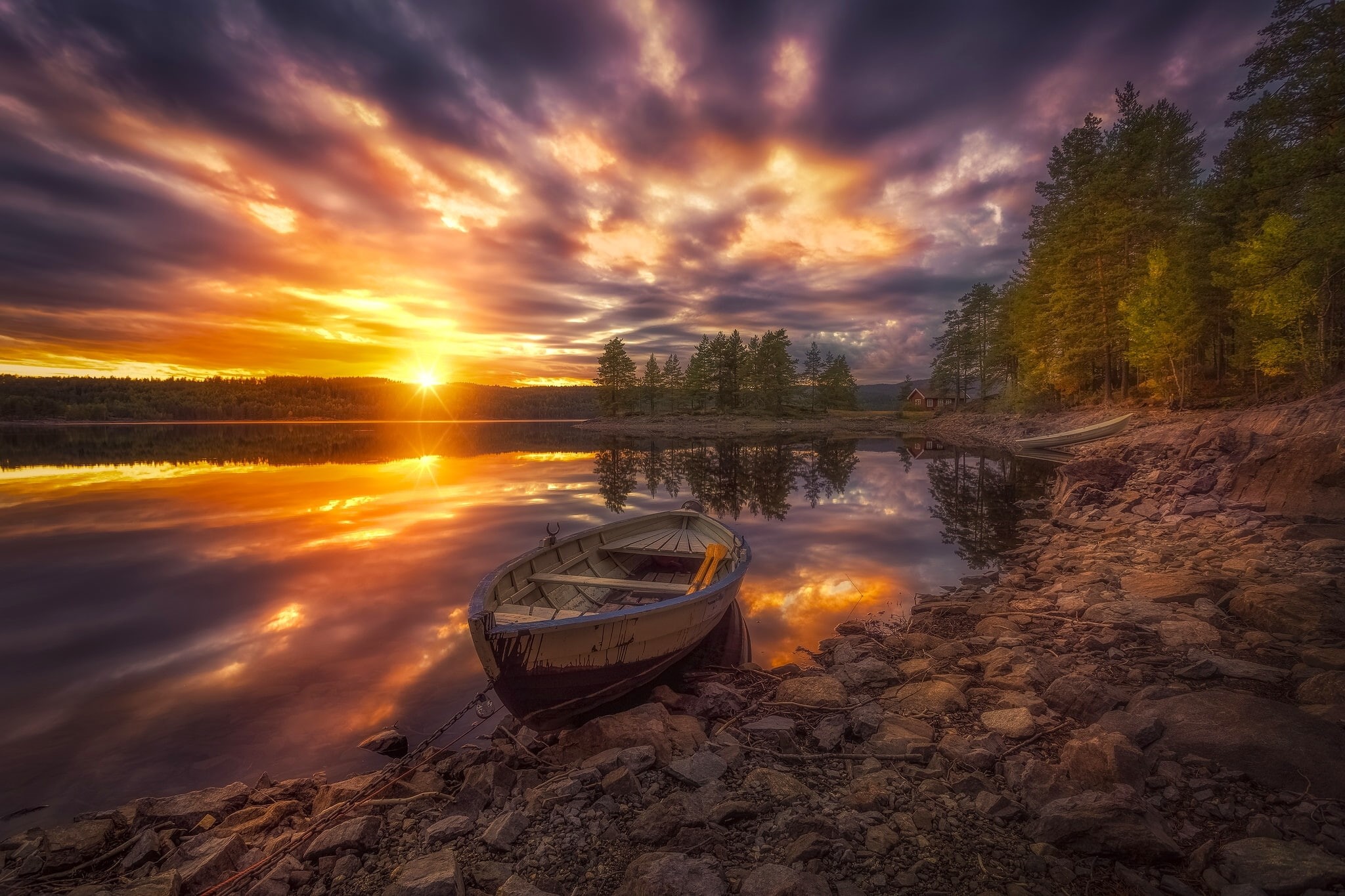 1080P, trees, Norway, lake, boat, RINGERIKE, sunset, HD Wallpaper