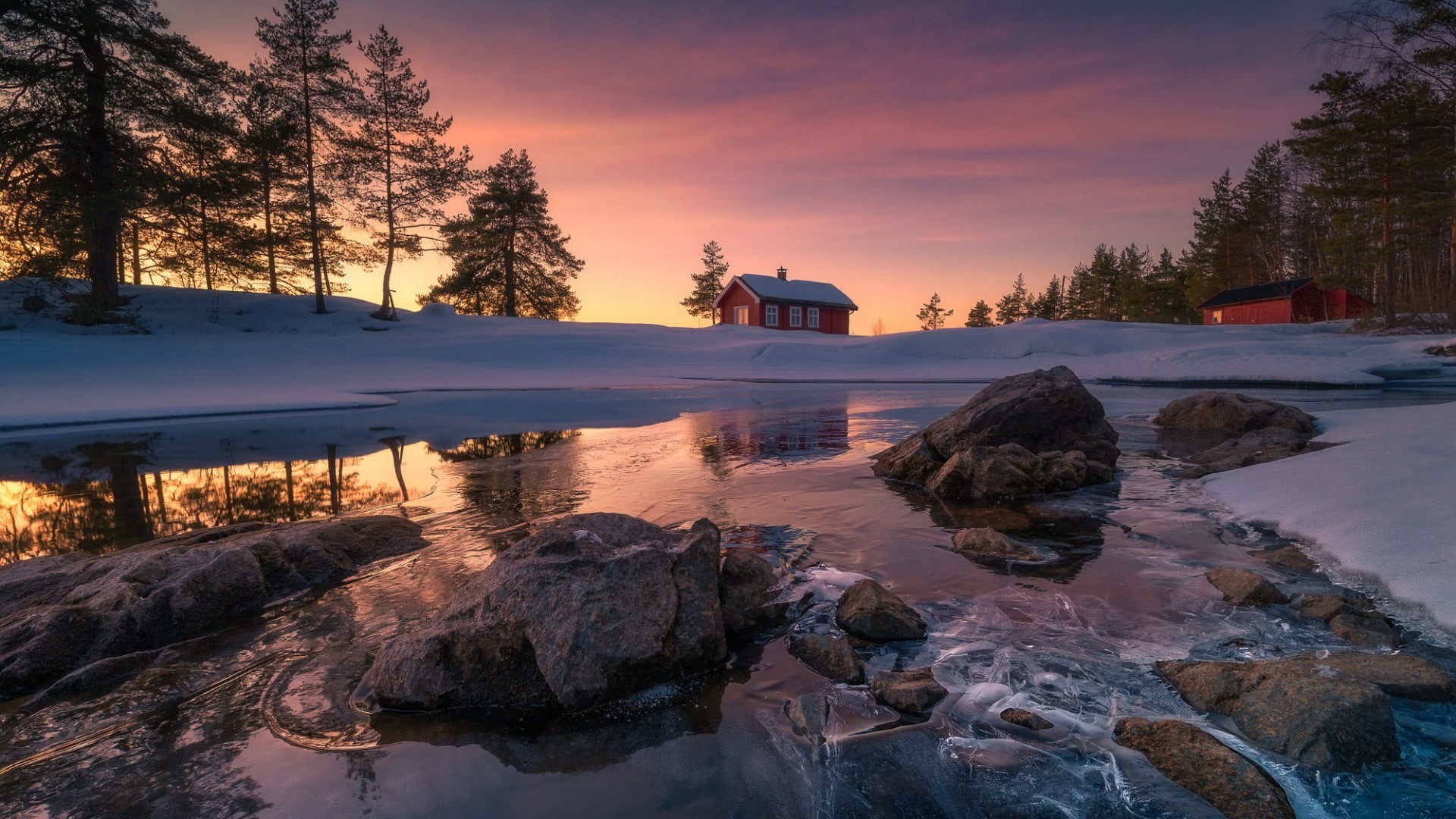 red house, scenics - nature, norway, nature, outdoors, winter, mode of transportation, sky, house, europe, water, cold temperature, ringerike, reflection, HD Wallpaper