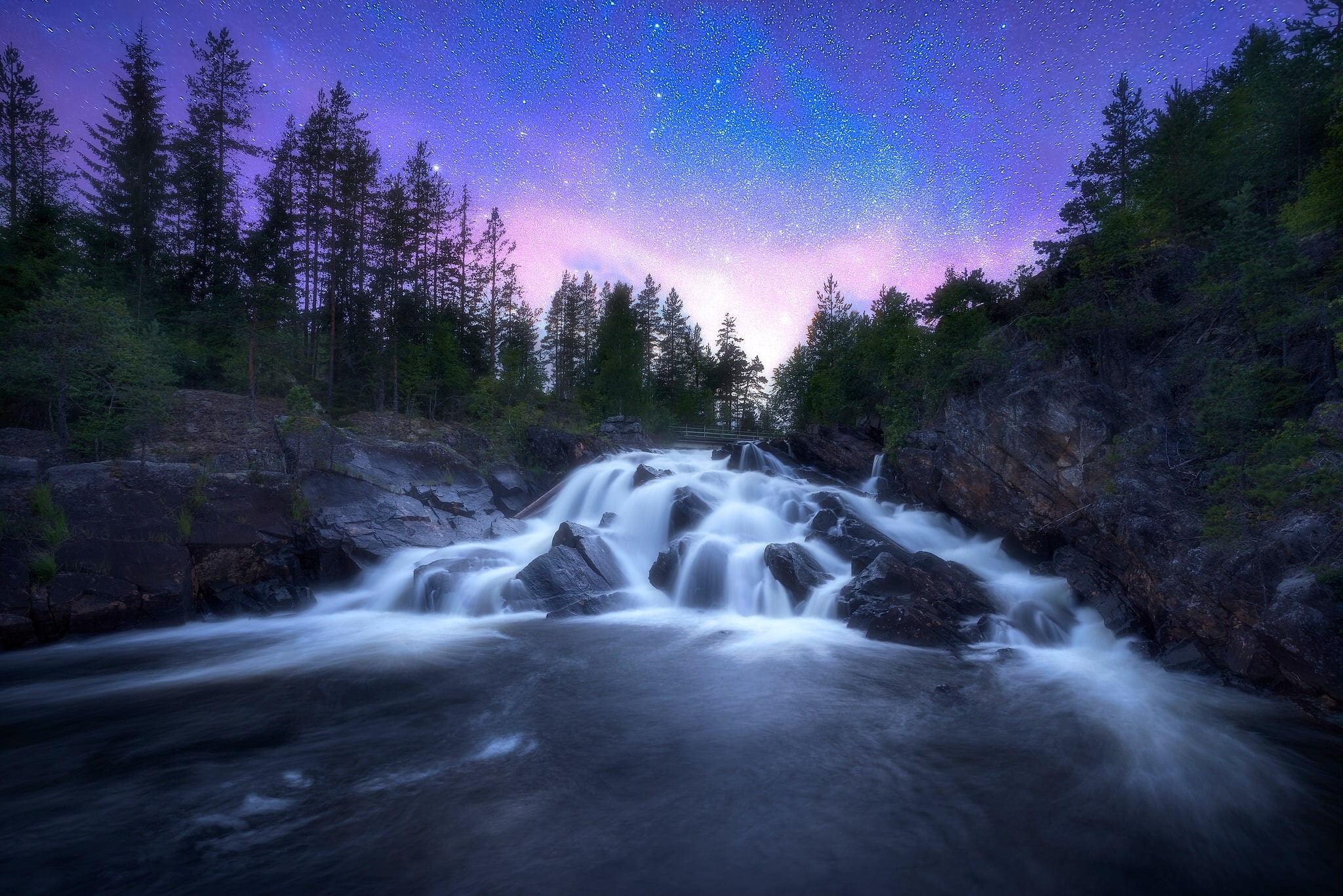 RINGERIKE, Norway, waterfall, stones, starry sky, river, 1080P, cascade, trees, HD Wallpaper