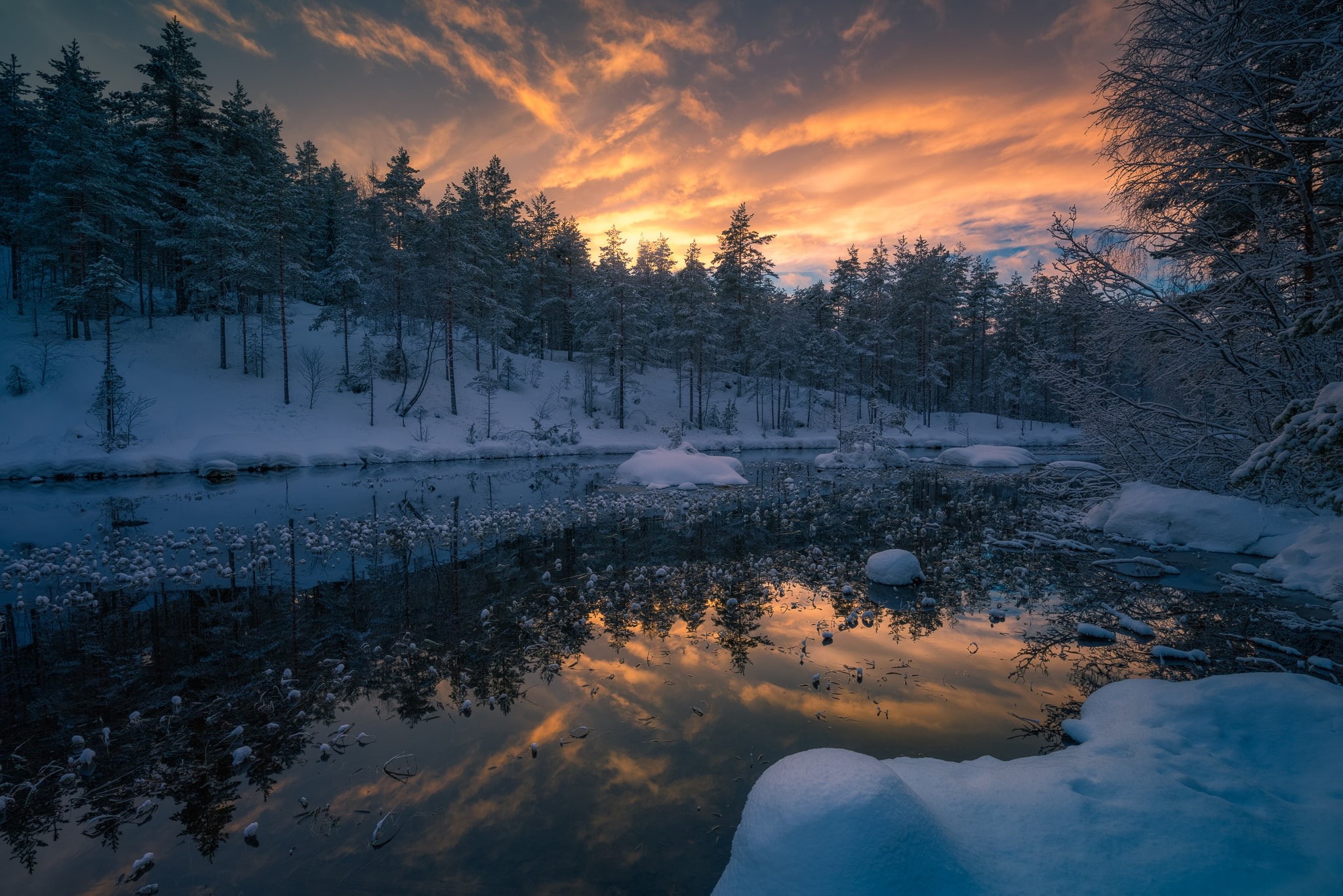 Norway, winter, forest, RINGERIKE, 1080P, river, trees, snow, sunset, HD Wallpaper