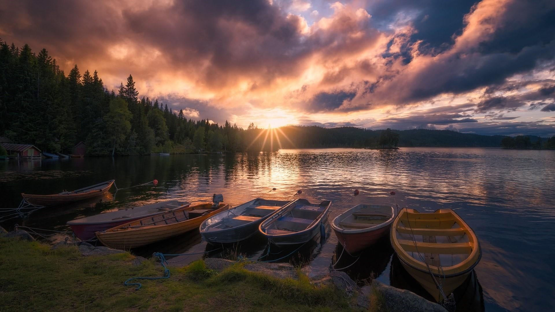 1080P, outdoors, europe, boats, nature, tranquil scene, ringerike, rowboat, orange color, lake district, beauty in nature, nautical vessel, sunset, scenics - nature, HD Wallpaper