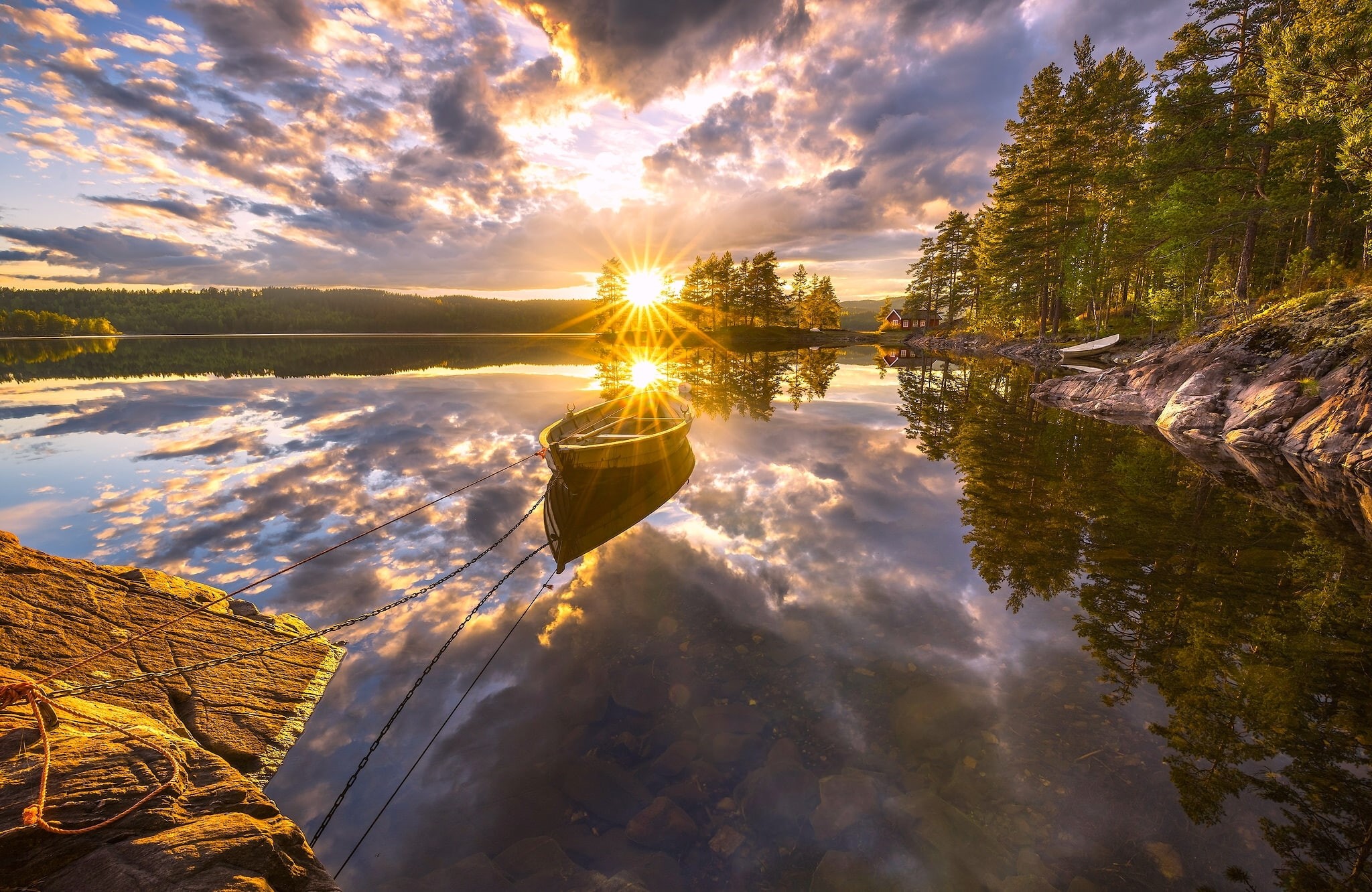 lake, boat, Norway, RINGERIKE, sunset, reflection, 1080P, trees, HD Wallpaper