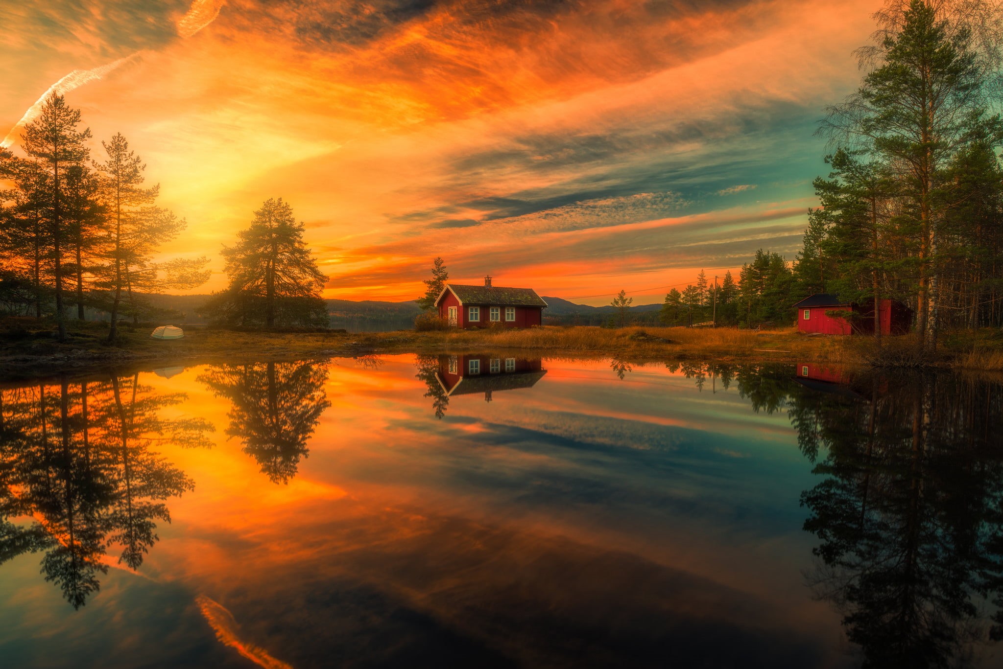 golden, gray, RINGERIKE, red, non-urban scene, plant, built structure, body, photography, home, idyllic, hour, tree, house, orange color, 1080P, trees, HD Wallpaper