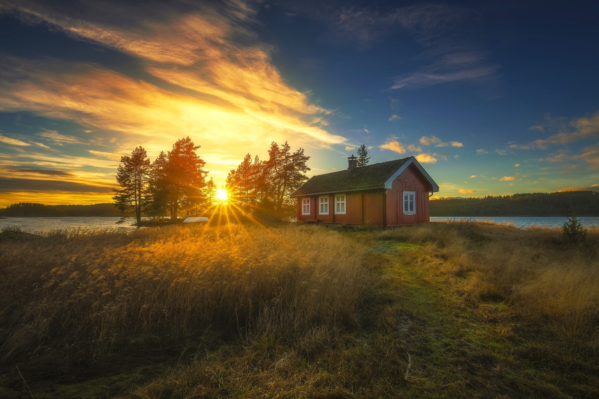 lake, reed, RINGERIKE, 1080P, trees, sunset, Norway, house, HD Wallpaper