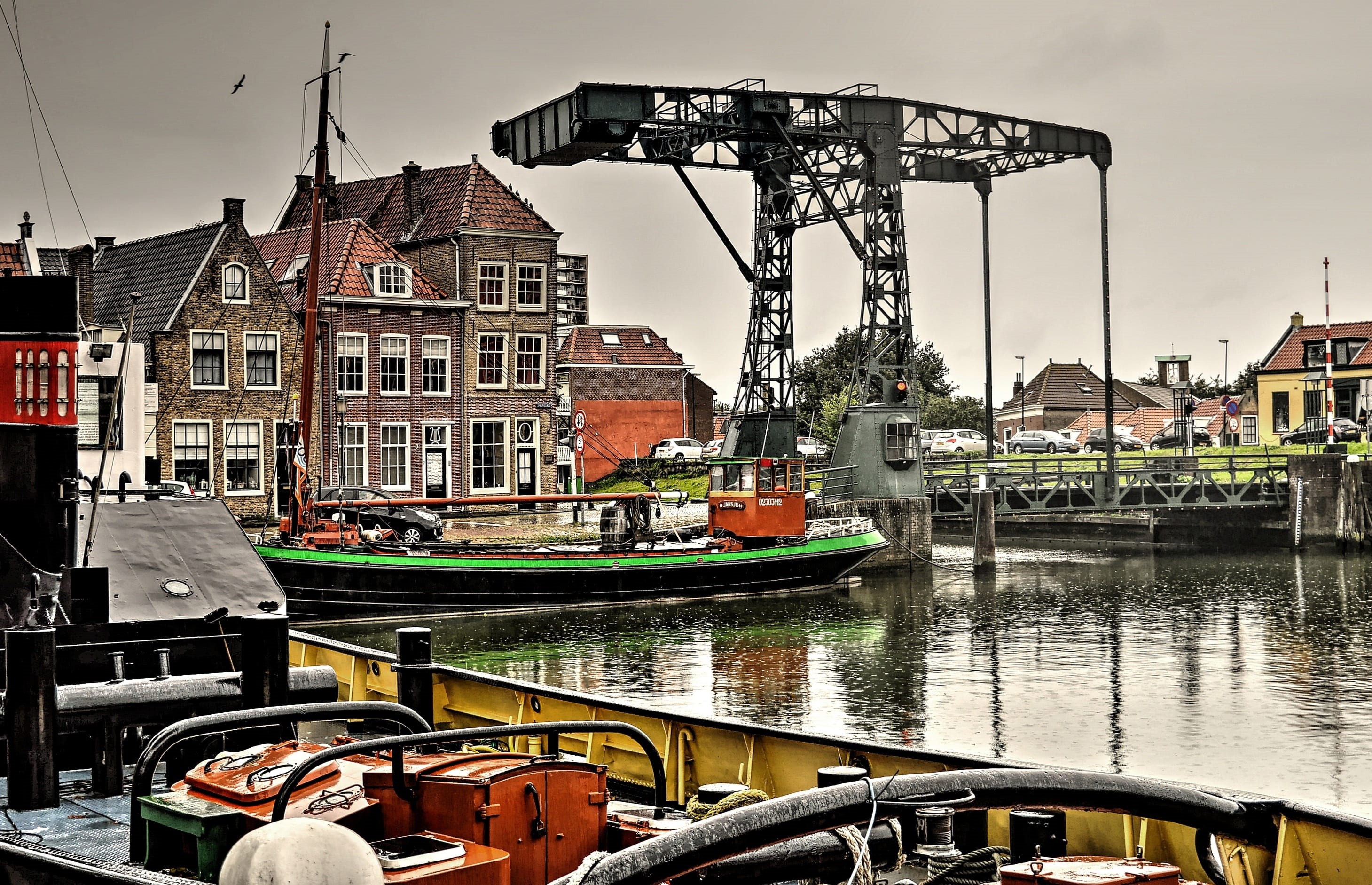canal, the kolk, built structure, building, mode of transportation, transportation, port, water, 2K, sky, bridge - man made structure, maassluis, reflection, HD Wallpaper