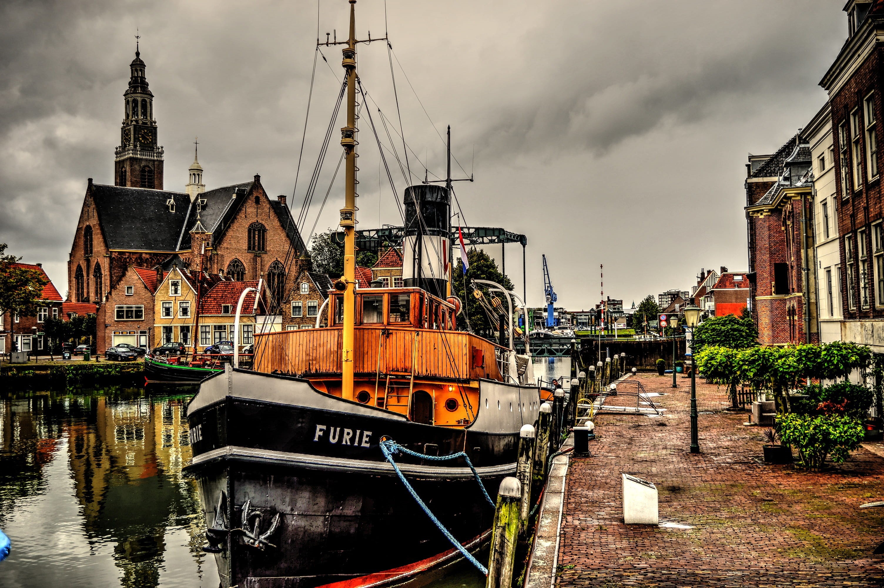 fury, building exterior, the kolk, building, cloud - sky, travel destinations, maassluis, tug, nature, built structure, the great church, sailboat, outdoors, HD Wallpaper
