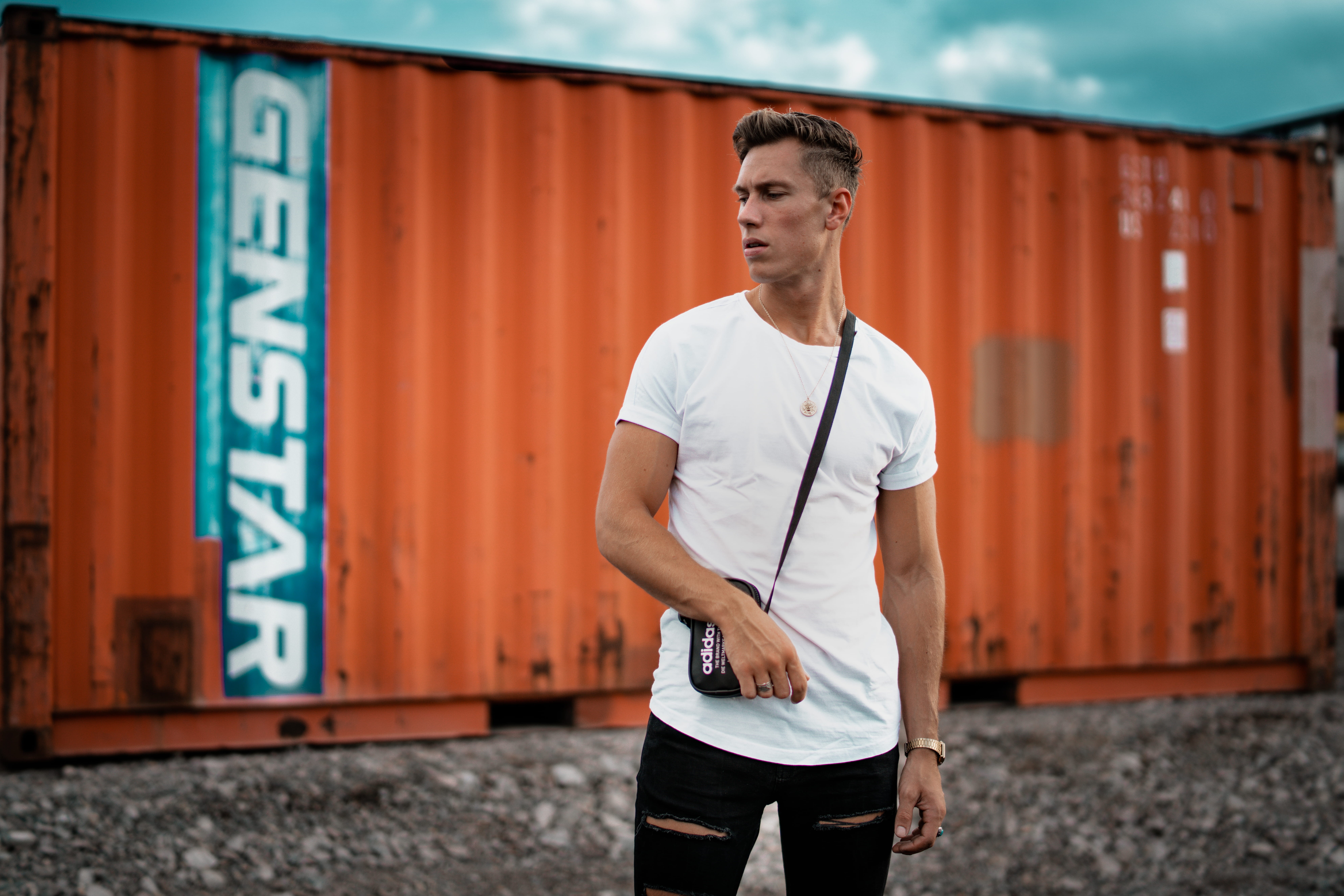 young Men, wellbeing, one Person, white, standing, near, male Beauty, sky, industrial, pose, males, sports Training, bag, fashion, outdoors, young Adult, HD Wallpaper