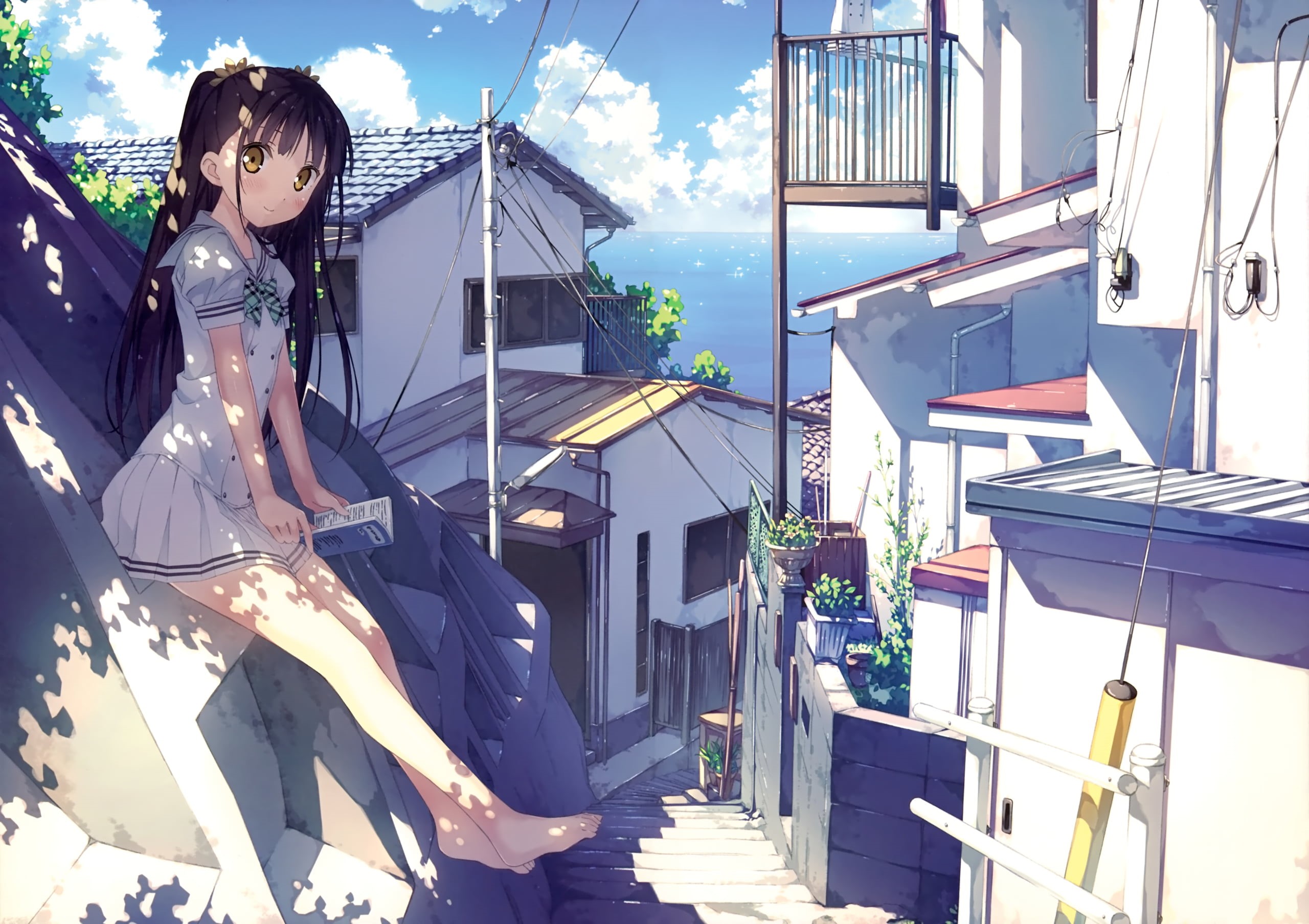 day, plant, anime girls, girls, outdoors, people, young Adult, casual clothing, standing, sitting, anime, street, beautiful, sky, nature, skirt, character, HD Wallpaper