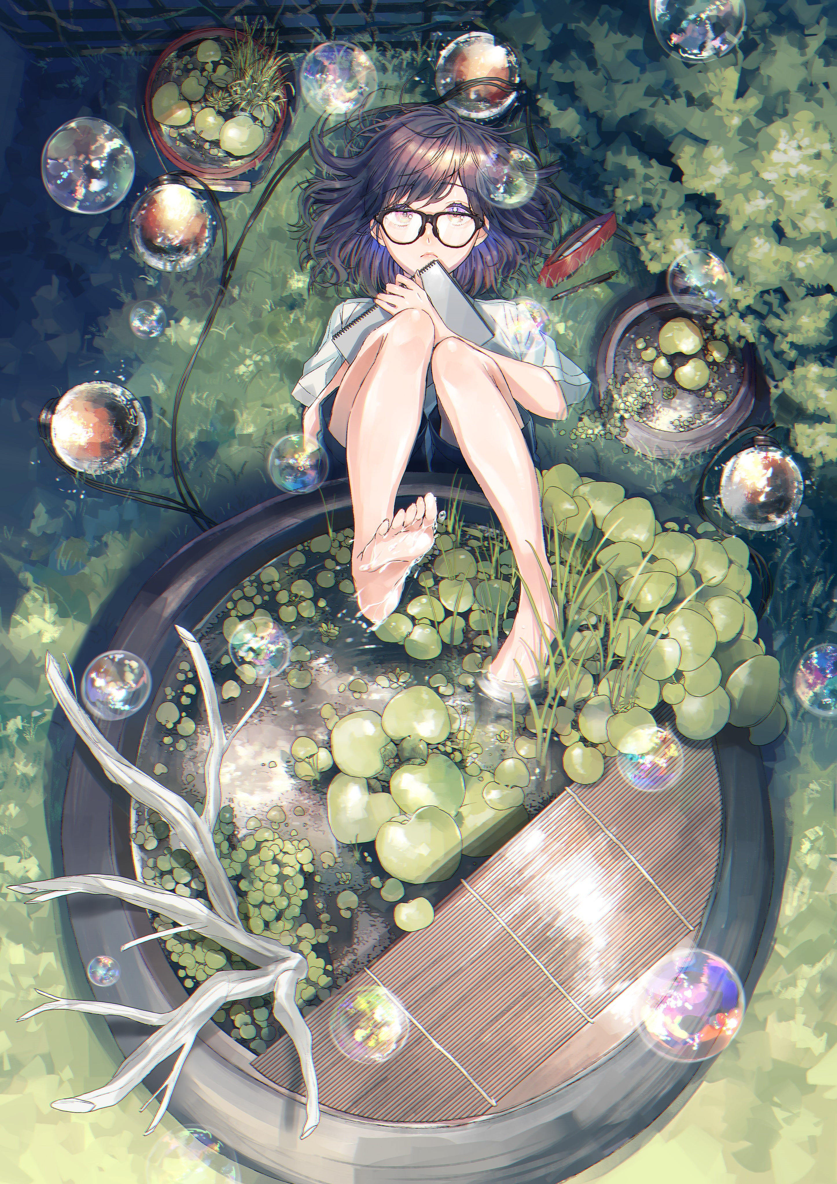 legs, anime girls, anime, glasses, 4K, plants, barefoot, Phone HD Wallpaper