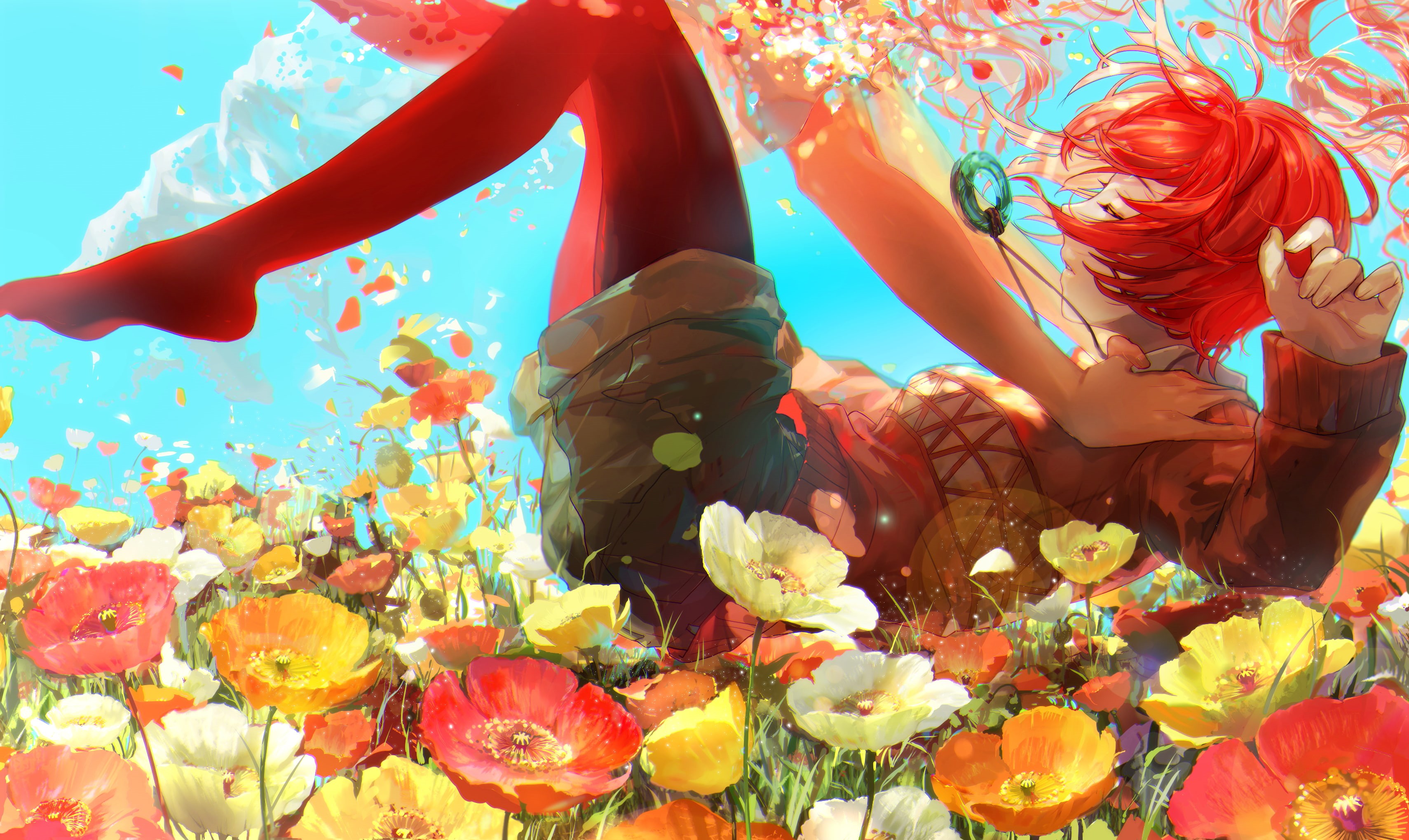 clothing, outdoors, real people, legs, beauty in nature, three quarter length, water, lifestyles, adult, sea, nature, flowers, 2K, anime, colorful, multi colored, HD Wallpaper