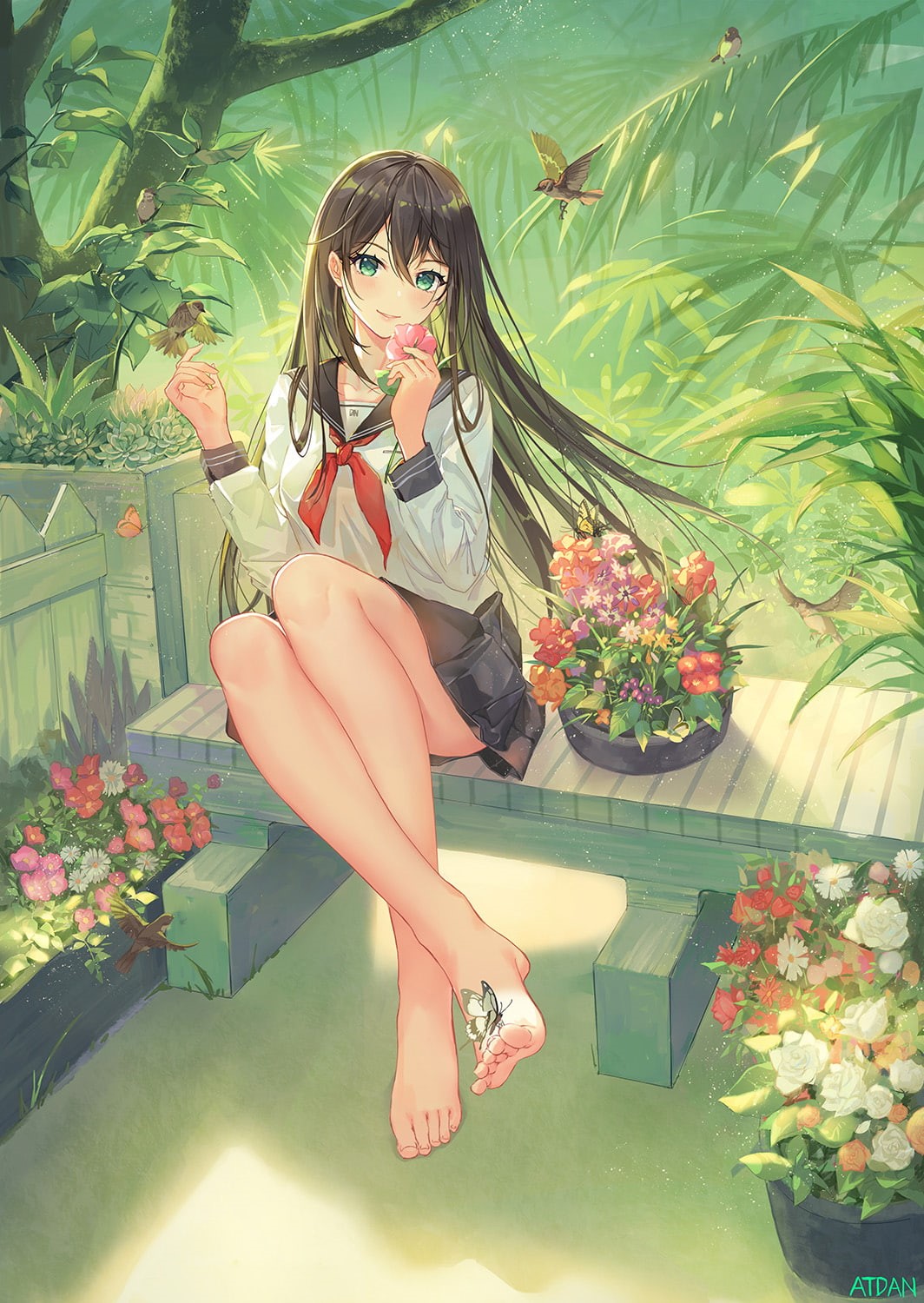 artwork, garden, long hair, barefoot, anime girls, schoolgirl, sailor uniform, portrait display, smiling, digital art, looking at viewer, flowers, original characters, Phone HD Wallpaper