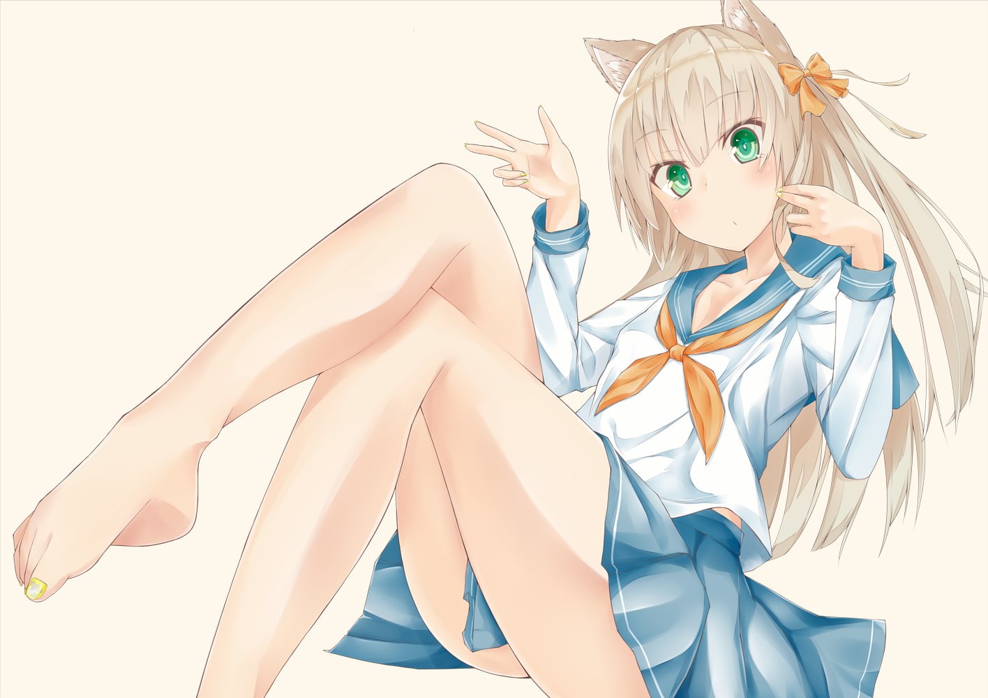 anime girls, green eyes, anime, blonde, animal ears, legs crossed, 720P, barefoot, HD Wallpaper