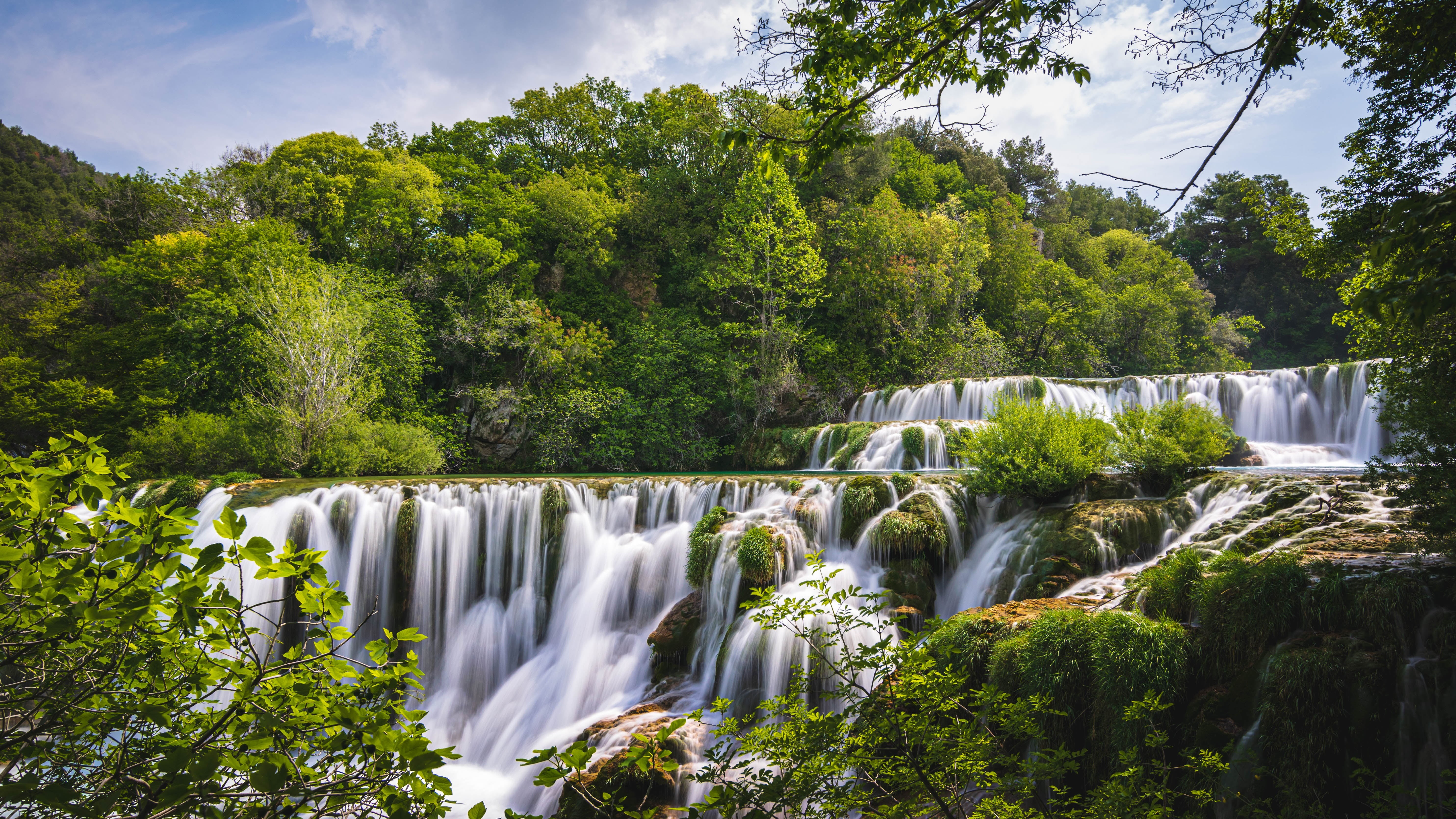 waterfall, cascade, trees, 5K, summer, Croatia, Dalmatia, Река Крка, forest, Krka River, Krka National Park, Skradinski Buk Waterfalls, Водопад Скрадинский, HD Wallpaper