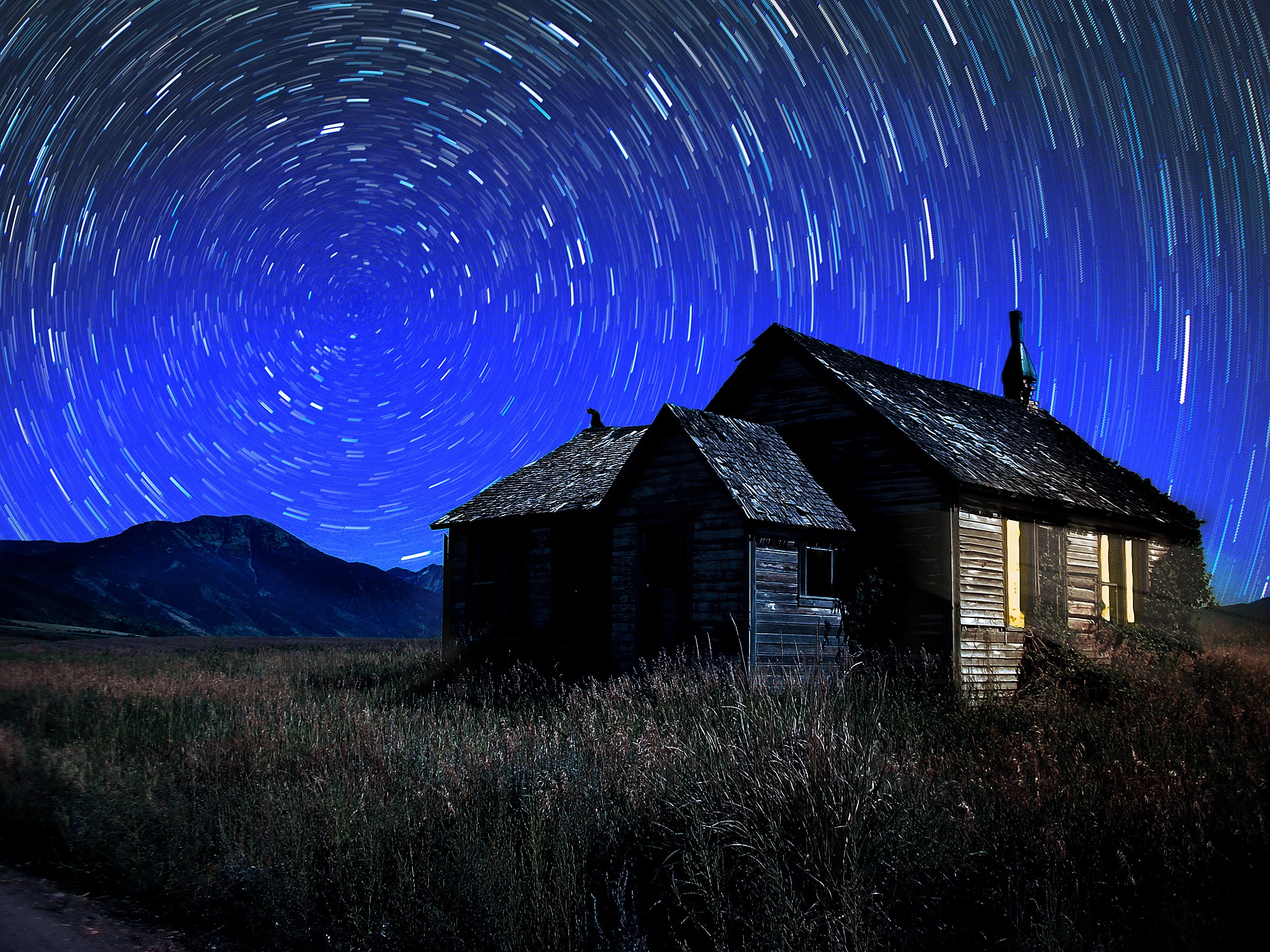 blue, grass, galaxy, 2K, sky, time lapse, astronomy, star - Space, house, lapse, una, Photoshop, photo, night  Star, starry night, starry, otra, dark, HD Wallpaper