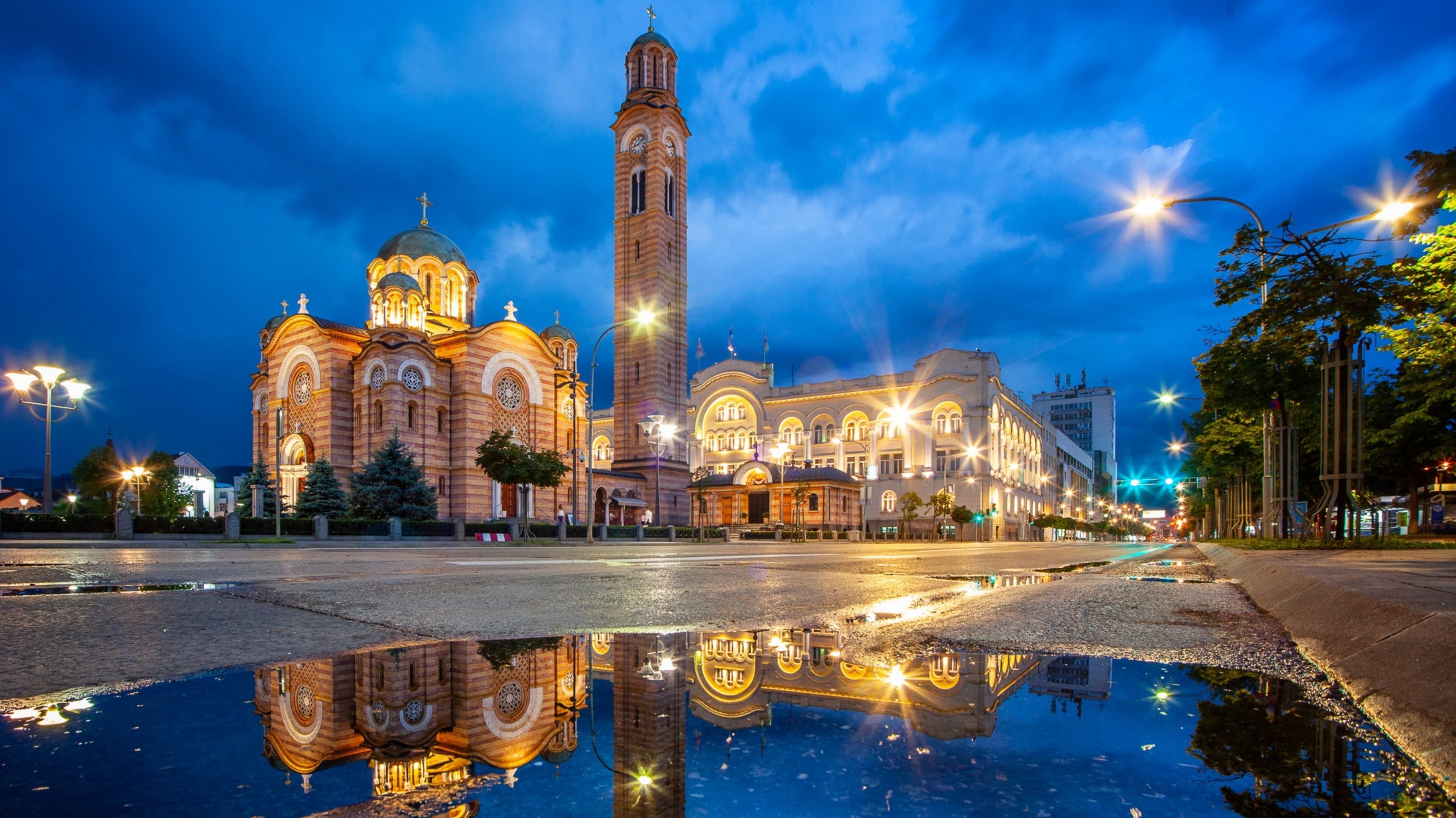 architecture, travel, building exterior, city, banja luka, place of worship, church, sky, historic site, nature, night, cloud - sky, dusk, water, reflection, HD Wallpaper