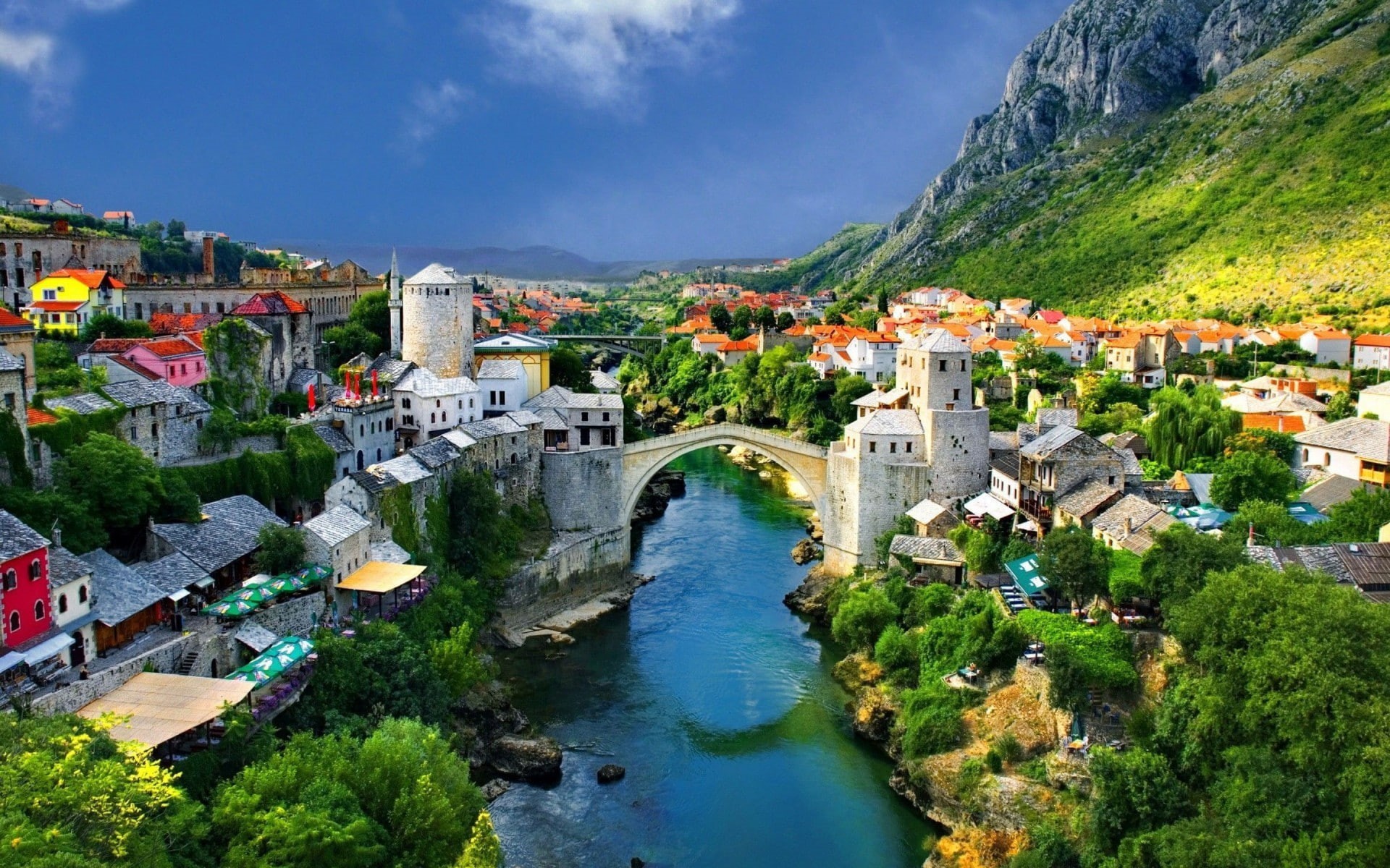 cityscape, Mostar, 1080P, Bosnia and Herzegovina, city, Bosnia, bridge, mountains, architecture, river, Stari Most, HD Wallpaper