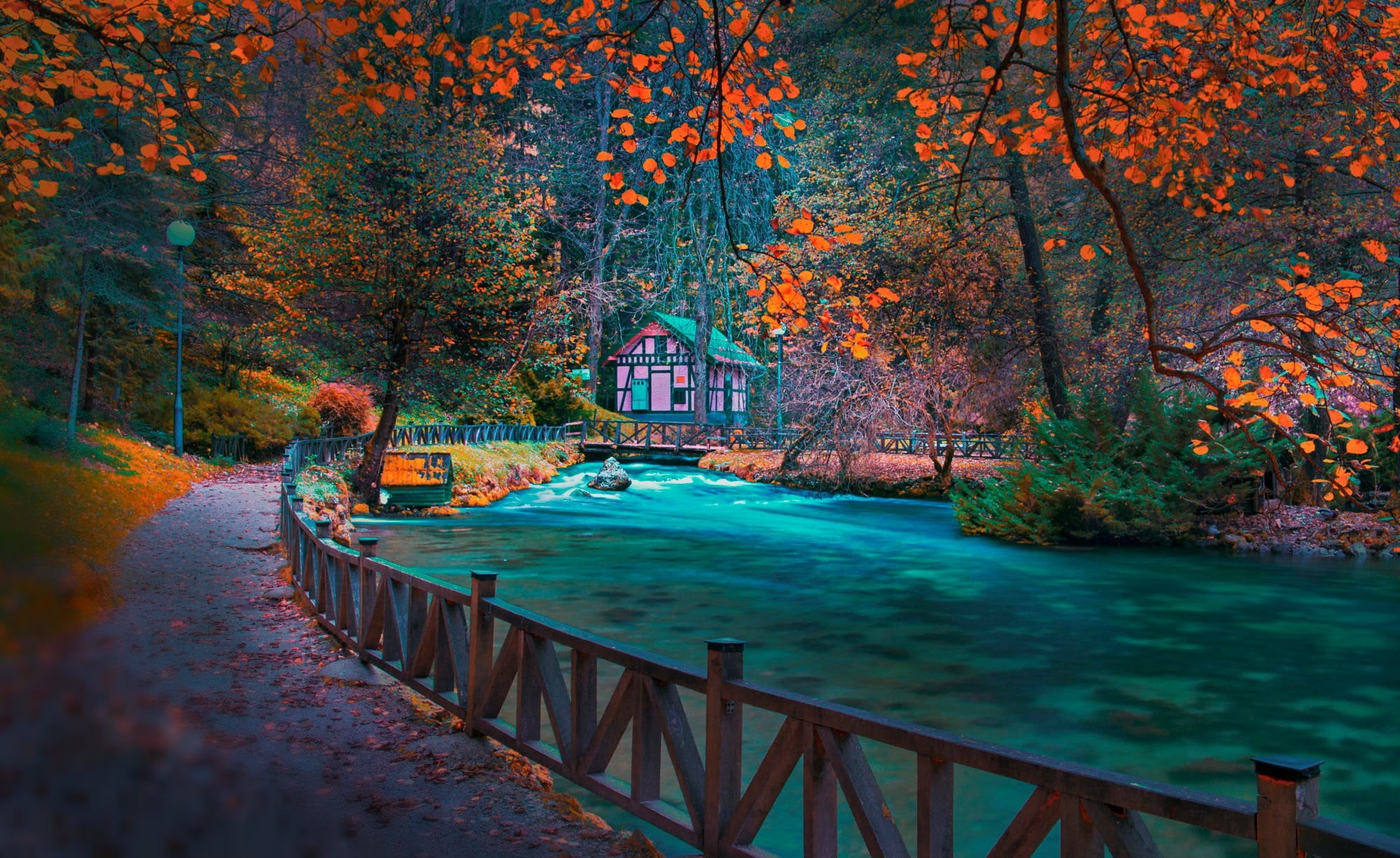 autumn Park, Bosnia, near, water, photography, 1080P, house, focus, river, selective, Sarajevo, calm, body, track, HD Wallpaper
