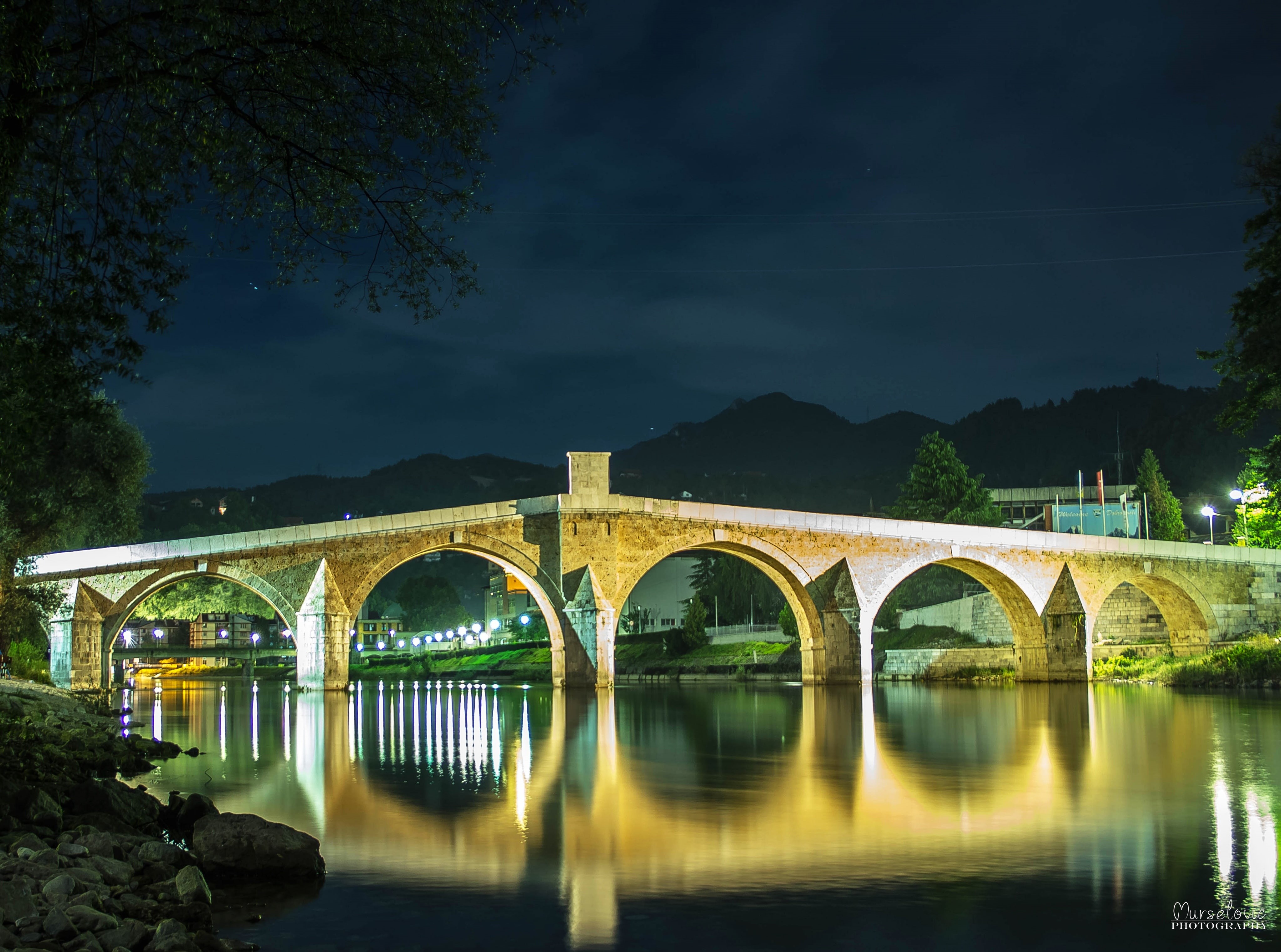 outdoors, built structure, Europe, bosnia, architecture, reflection, tree, konjic, arch bridge, arch, river, nature, night, bridge, 4K, connection, waterfront, HD Wallpaper