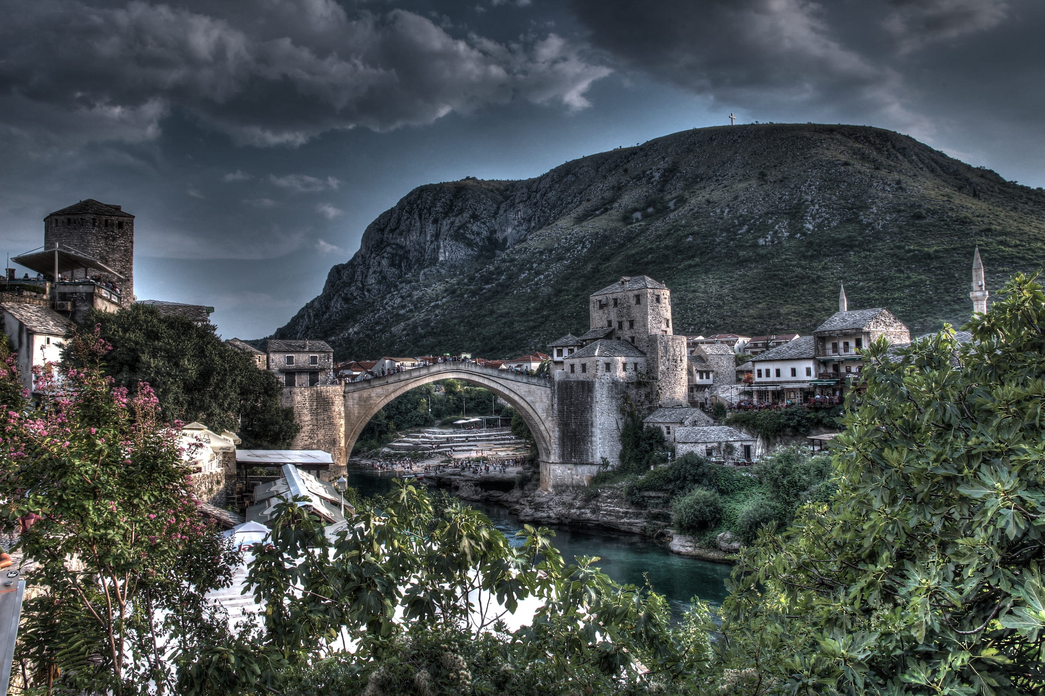 connection, travel destinations, arch, 2K, tree, no people, nature, mostar, plant, sky, bridge, arch bridge, city, built structure, history, river, building, HD Wallpaper