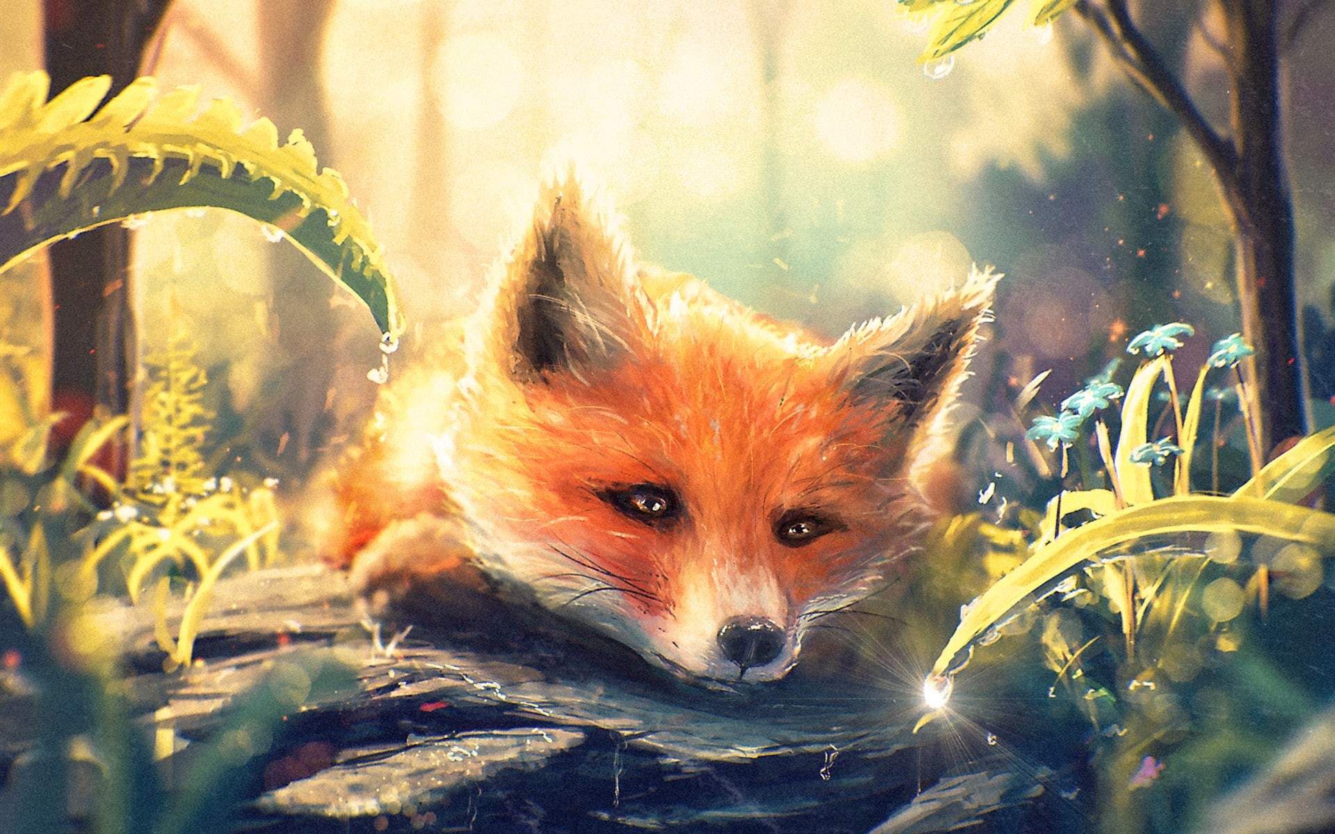 Water, Painting, Droplets, Flowers, 1080P, Fox, Forest, Art, HD Wallpaper