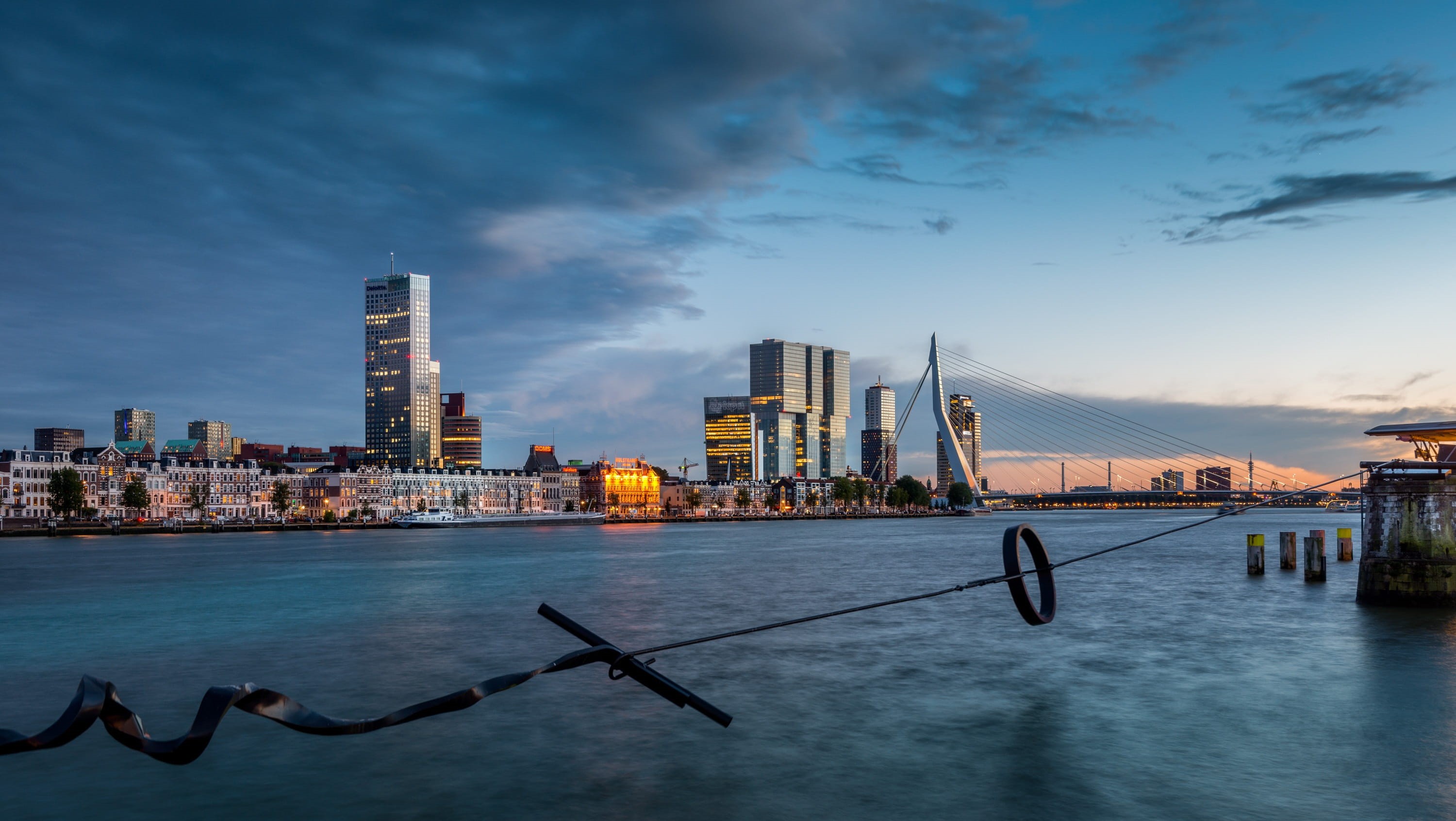 tall - high, waterfront, building, 2K, sky, landscape, financial district, kpn building, rotterdam, bridge, built structure, building exterior, deloitte building, HD Wallpaper