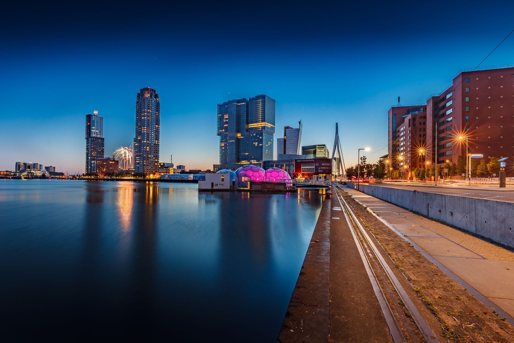 illuminated, building, nature, night, skyscraper, reflection, office building exterior, rotterdam, modern, sky, nightlife, building exterior, dusk, built structure, HD Wallpaper