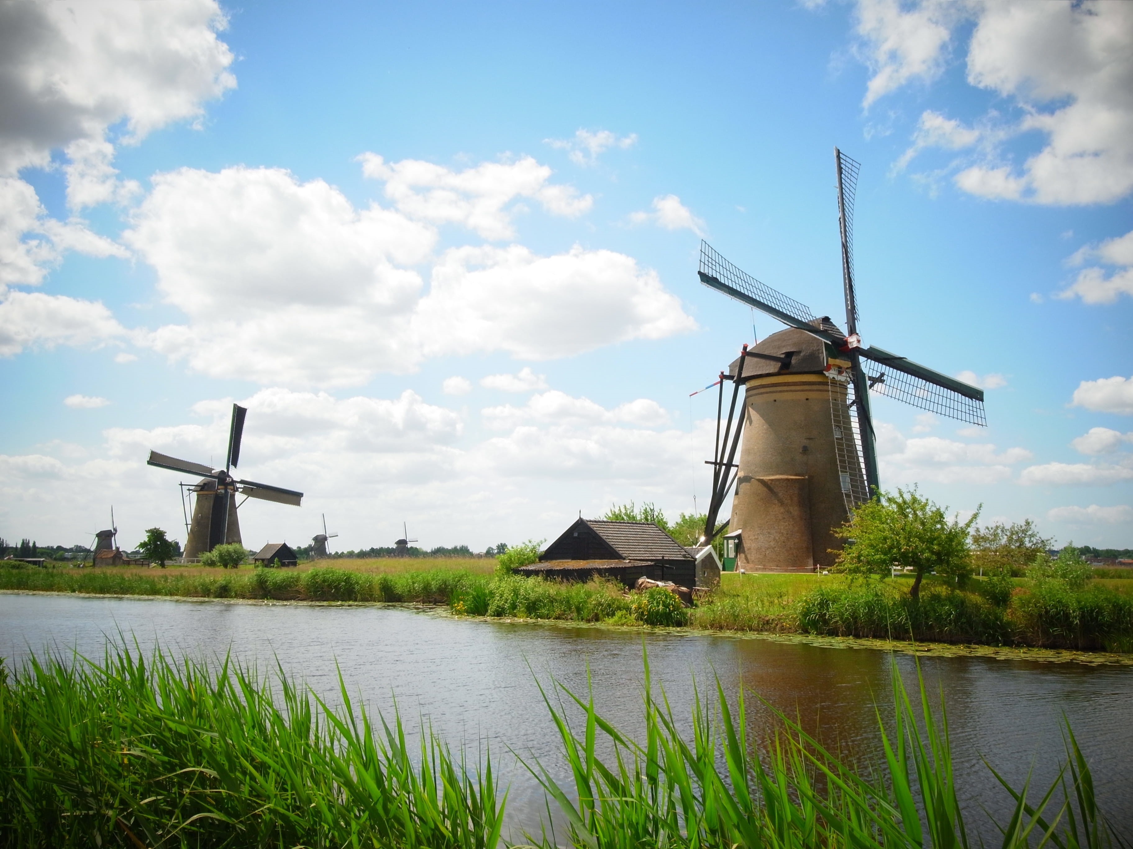 nature, environment, 2K, renewable energy, cloud - sky, plant, environmental conservation, water, sky, wind power, traditional windmill, day, grass, netherlands, HD Wallpaper