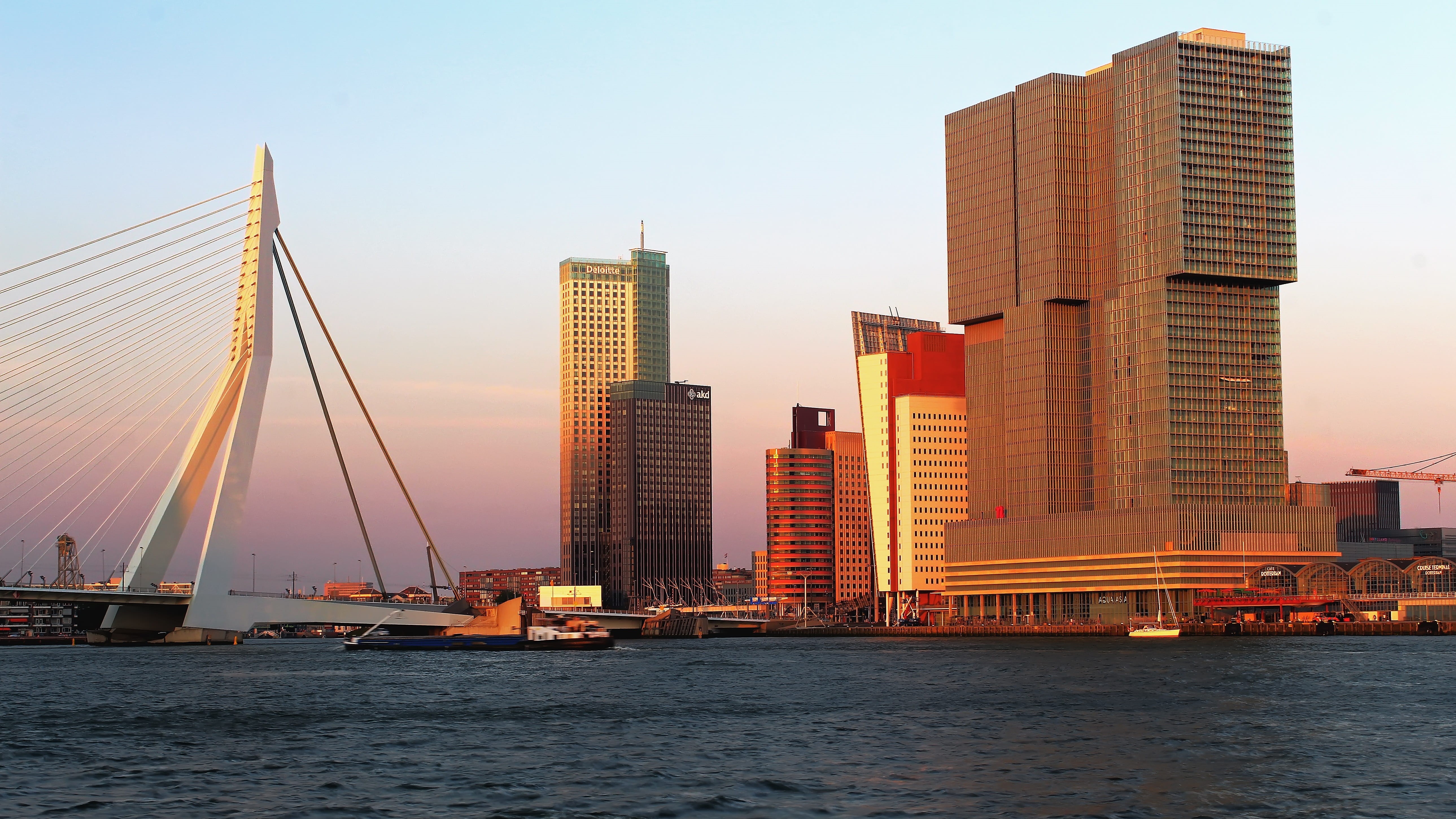 rotterdam, sailboat, 5K, buildings, water, sky, skyline, no people, skyscraper, building exterior, daw, travel, port, architecture, modern, built structure, HD Wallpaper