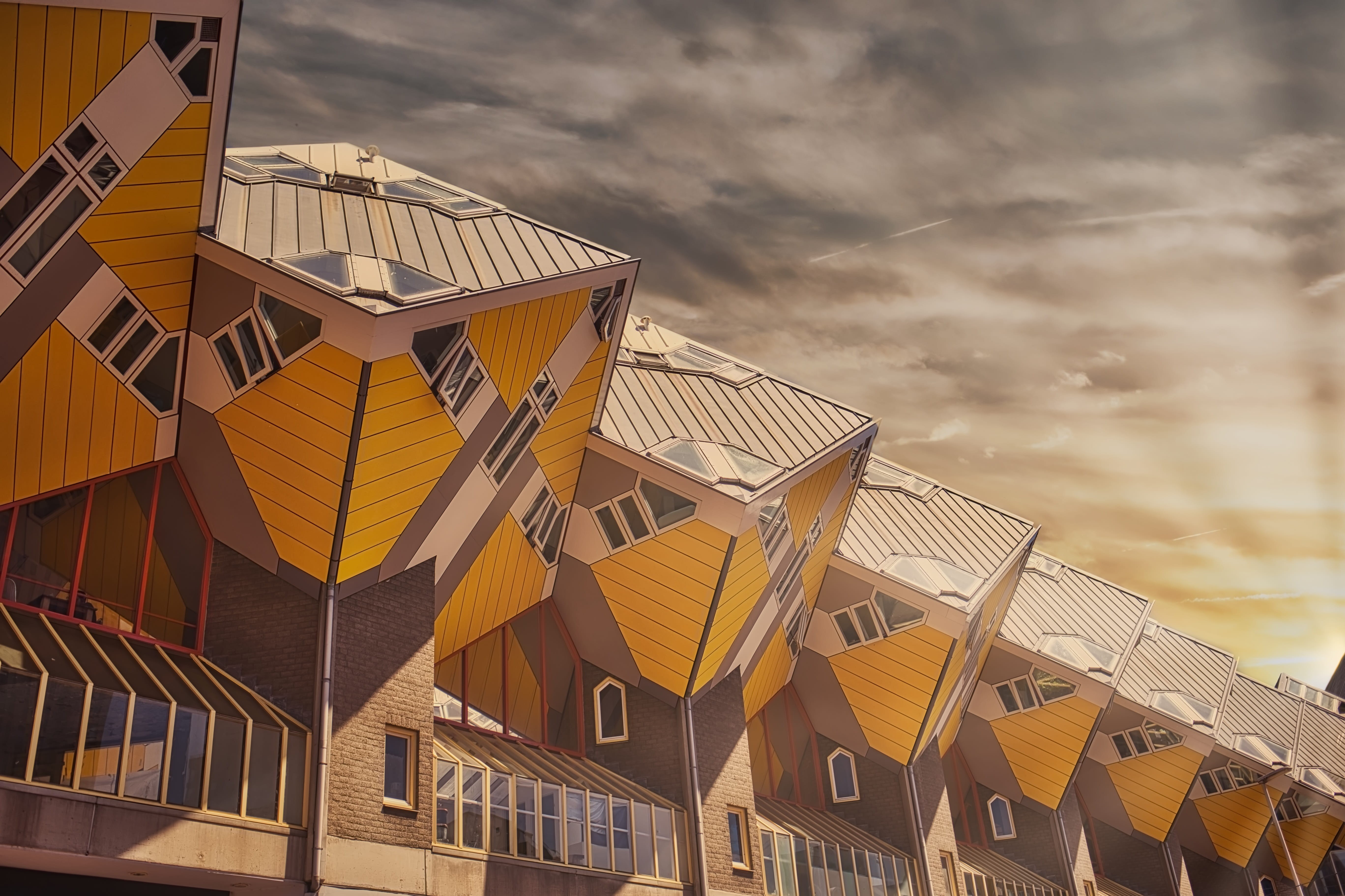 city, residential district, cloud - sky, sky, low angle view, house, nature, building exterior, cubic, rotterdam, cube, sunset, roof, no people, building, HD Wallpaper
