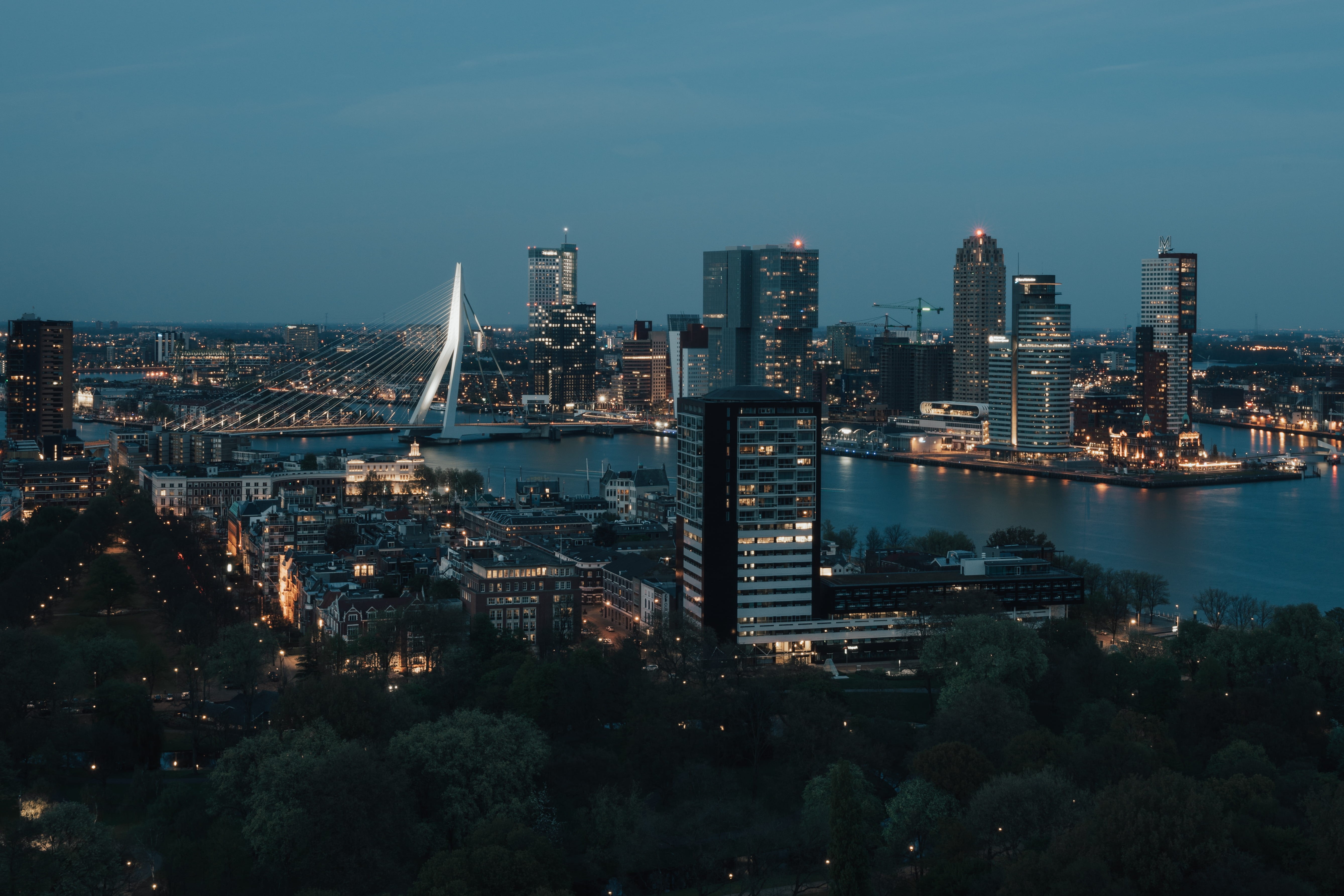 harbour, built structure, tall - high, skyscrapers, netherlands, blue, view, building, building exterior, nature, office building exterior, nighttime, drone, HD Wallpaper