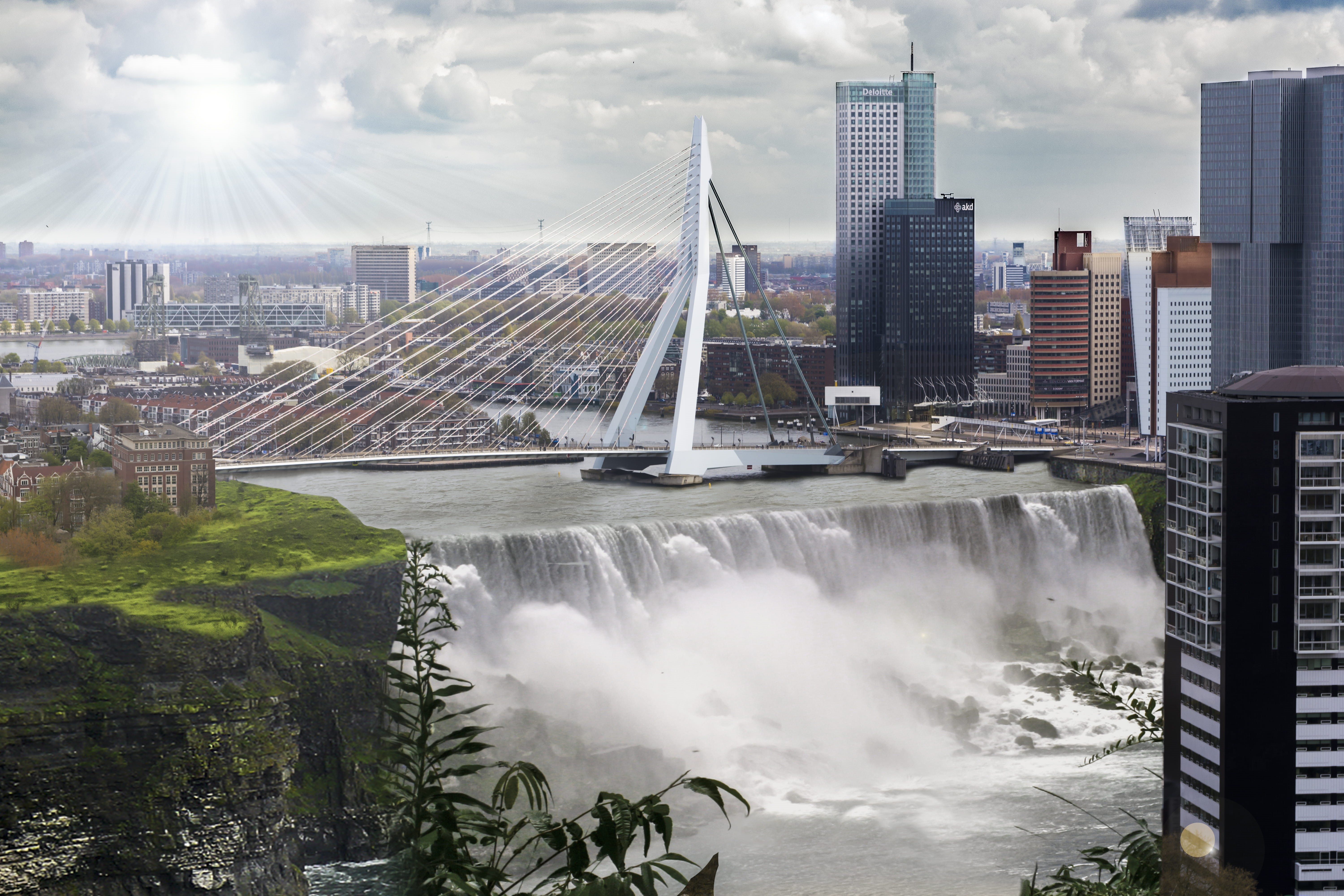 travel destinations, flowing water, rotterdam, cityscape, no people, sunlight, city, building, day, nature, sky, sun, old, waterfall, skyscraper, 5K, cloud - sky, HD Wallpaper