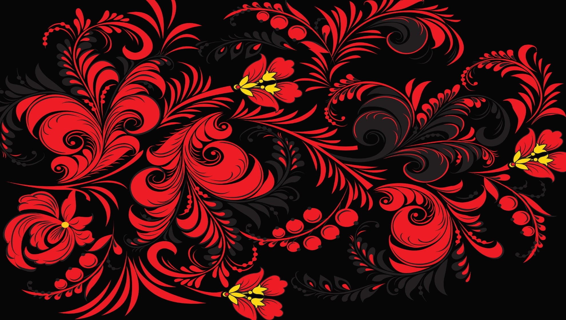 retro Styled, black background, flowers, leaf, plant, nature, old-fashioned, elegance, close-up, khokhloma, decor, background, floral Pattern, abstract, HD Wallpaper