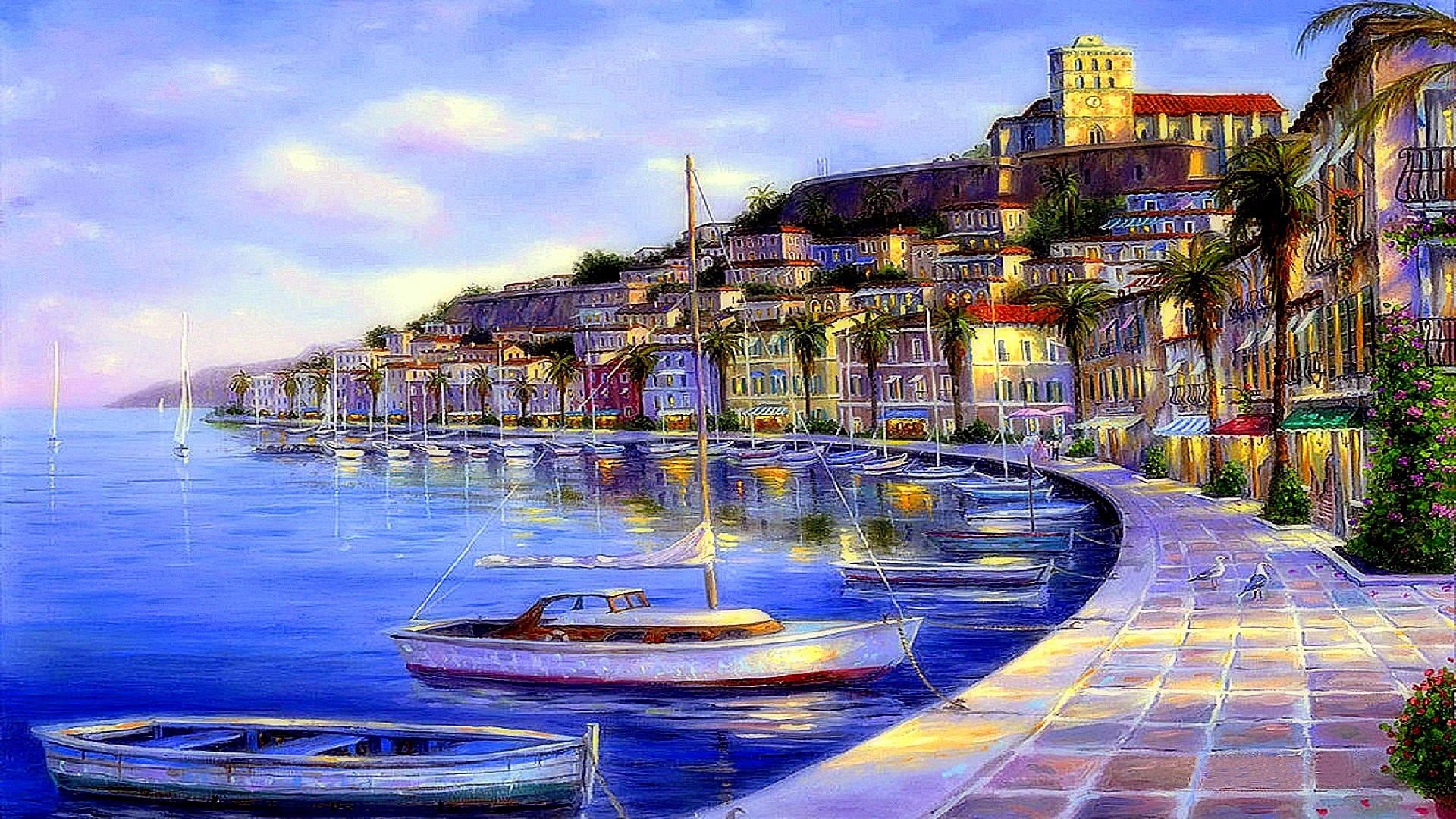 sky, waterfront, boat, building, building exterior, no people, cityscape, city, canvas, art, painting, day, evening, built structure, sea, dusk, paint, HD Wallpaper