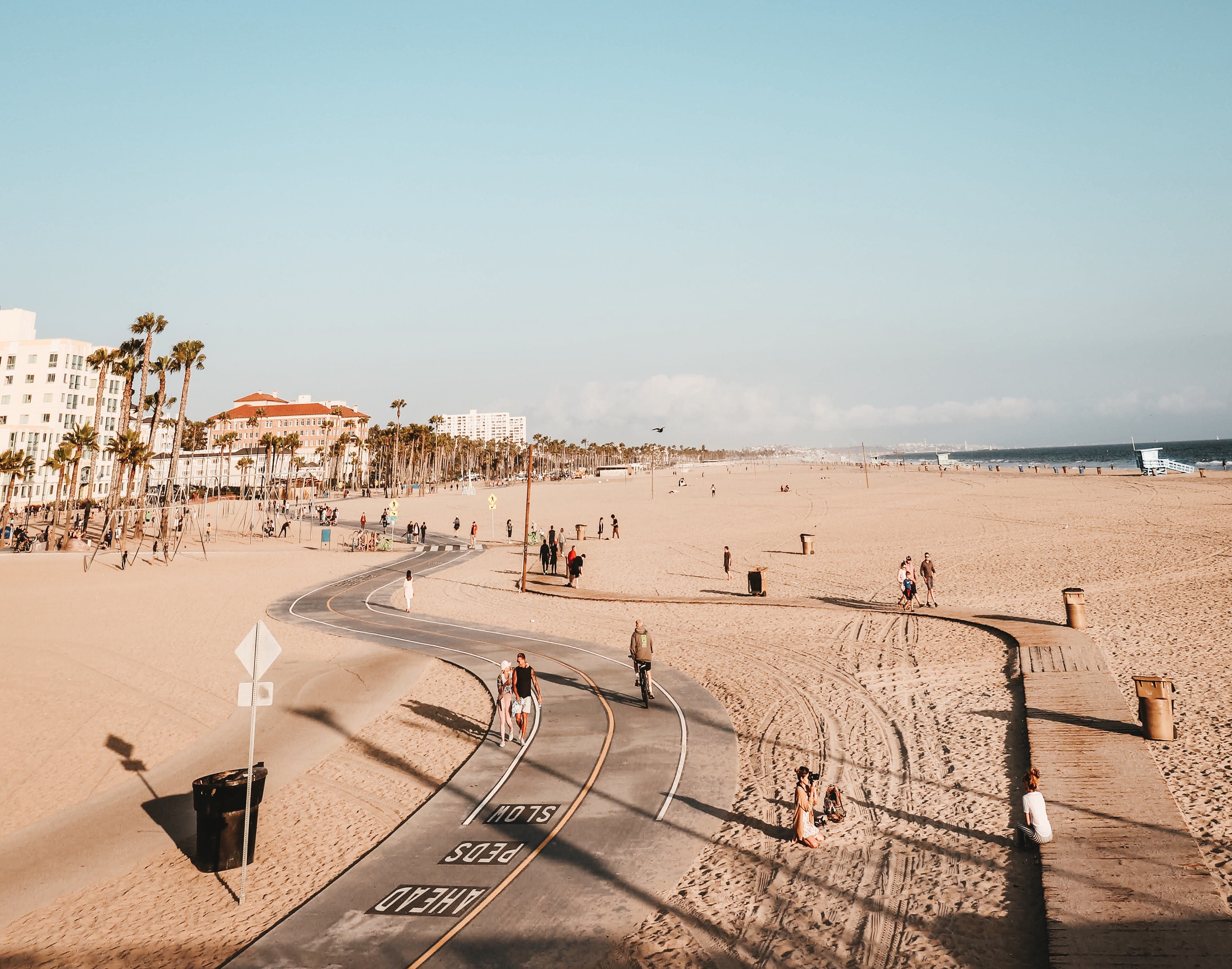 bike path, walkway, warm, sunbathing, coastal, 4K, boardwalk, beach, street, coast, urban Scene, walking, sunlight, summer, outdoors, southern California, HD Wallpaper