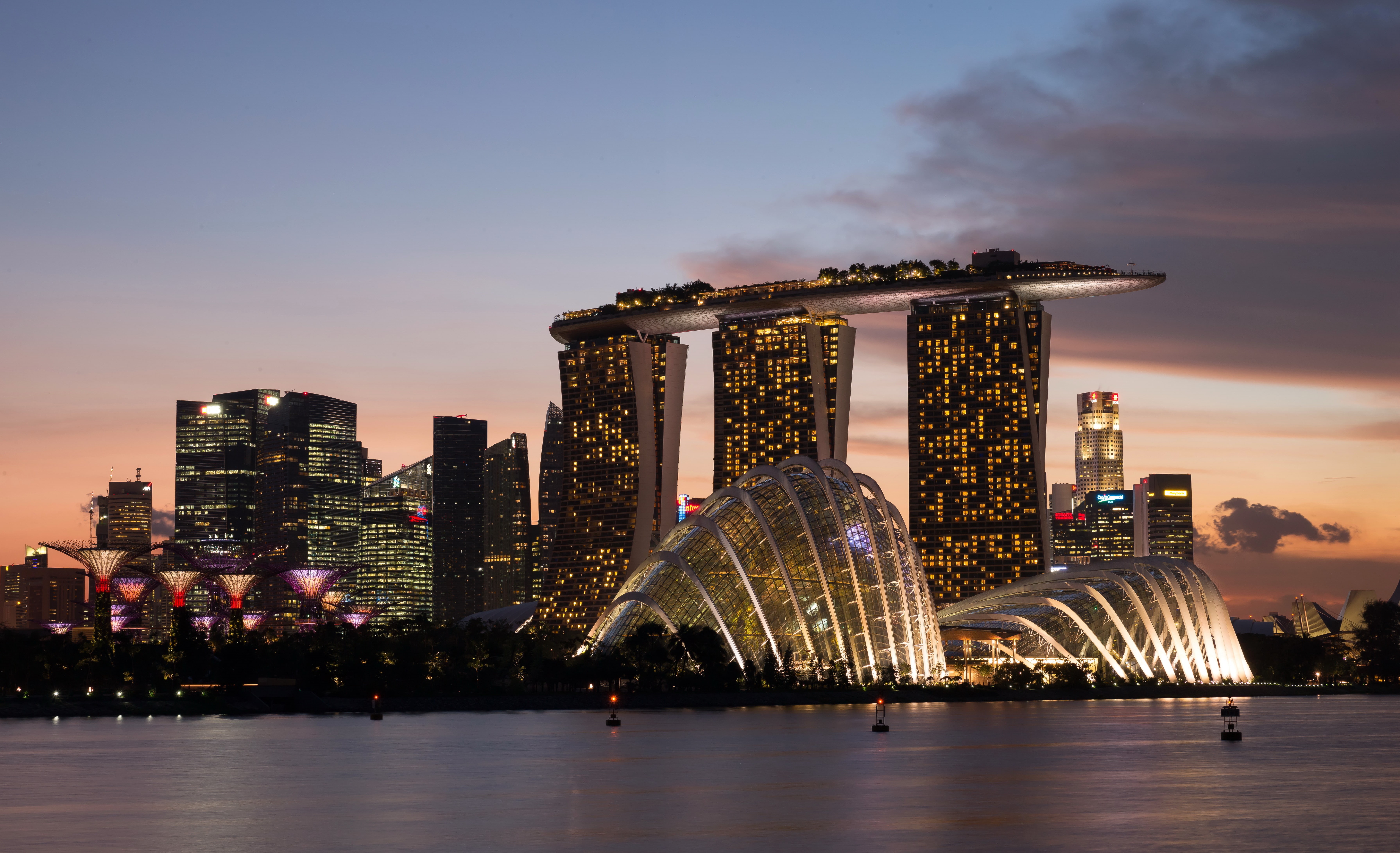 sands, Singapore, lights, skyscrapers, bay, marina, building, 5K, night, promenade, HD Wallpaper