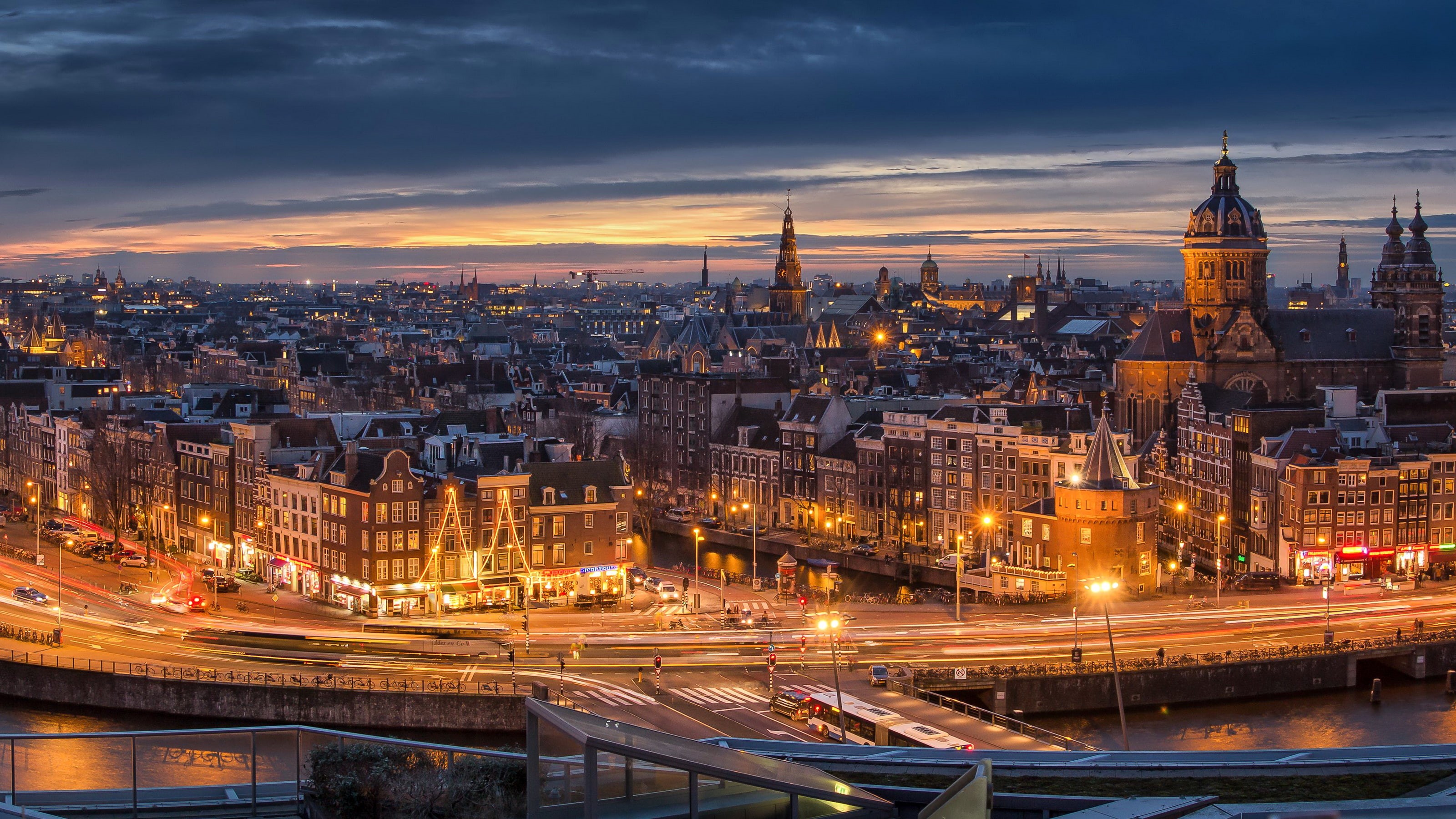 lights, Amsterdam, channel, river, sunset, Netherlands, home, the evening, street, 2K, road, promenade, HD Wallpaper