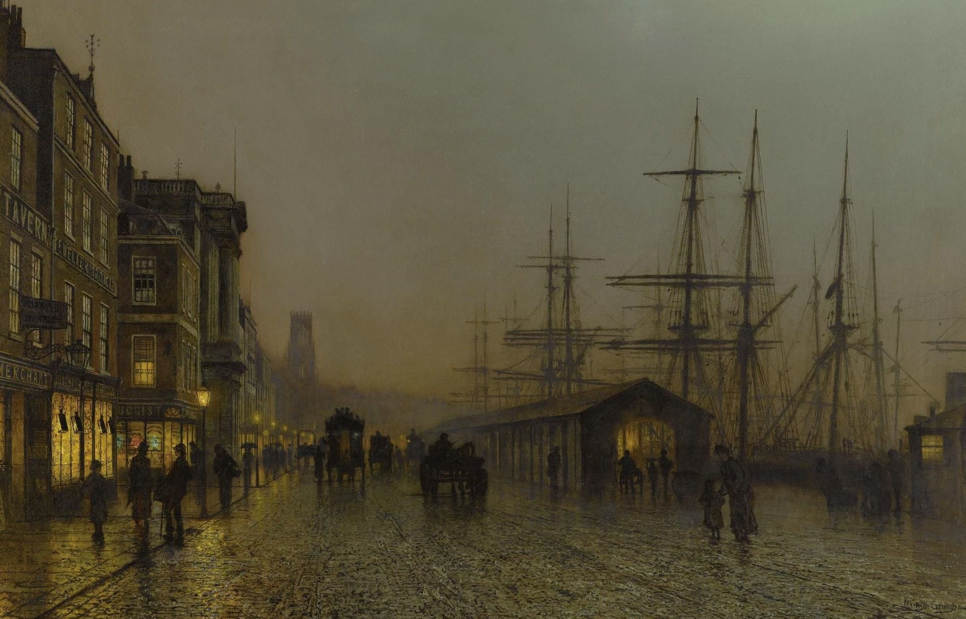 Glasgow. Saturday Night, the urban landscape, ship, John Atkinson Grimshaw, 1080P, picture, promenade, mast, HD Wallpaper