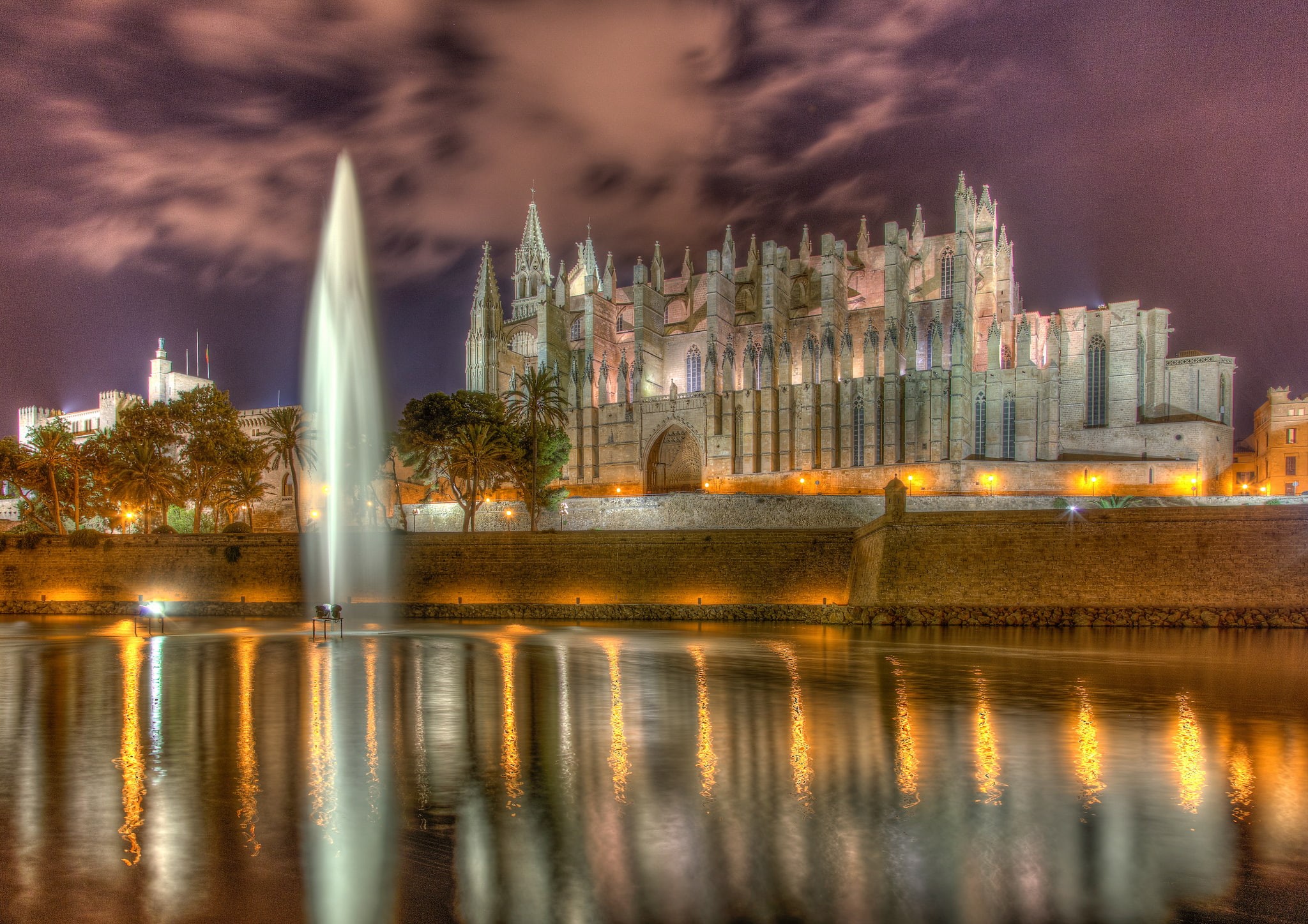 Cathedral, 1080P, Palma de Mallorca, Palma, Cathedral of Santa Maria of Palma, Spain, pond, The Seu, fountain, Palma Cathedral, The Cathedral of Santa Maria, HD Wallpaper
