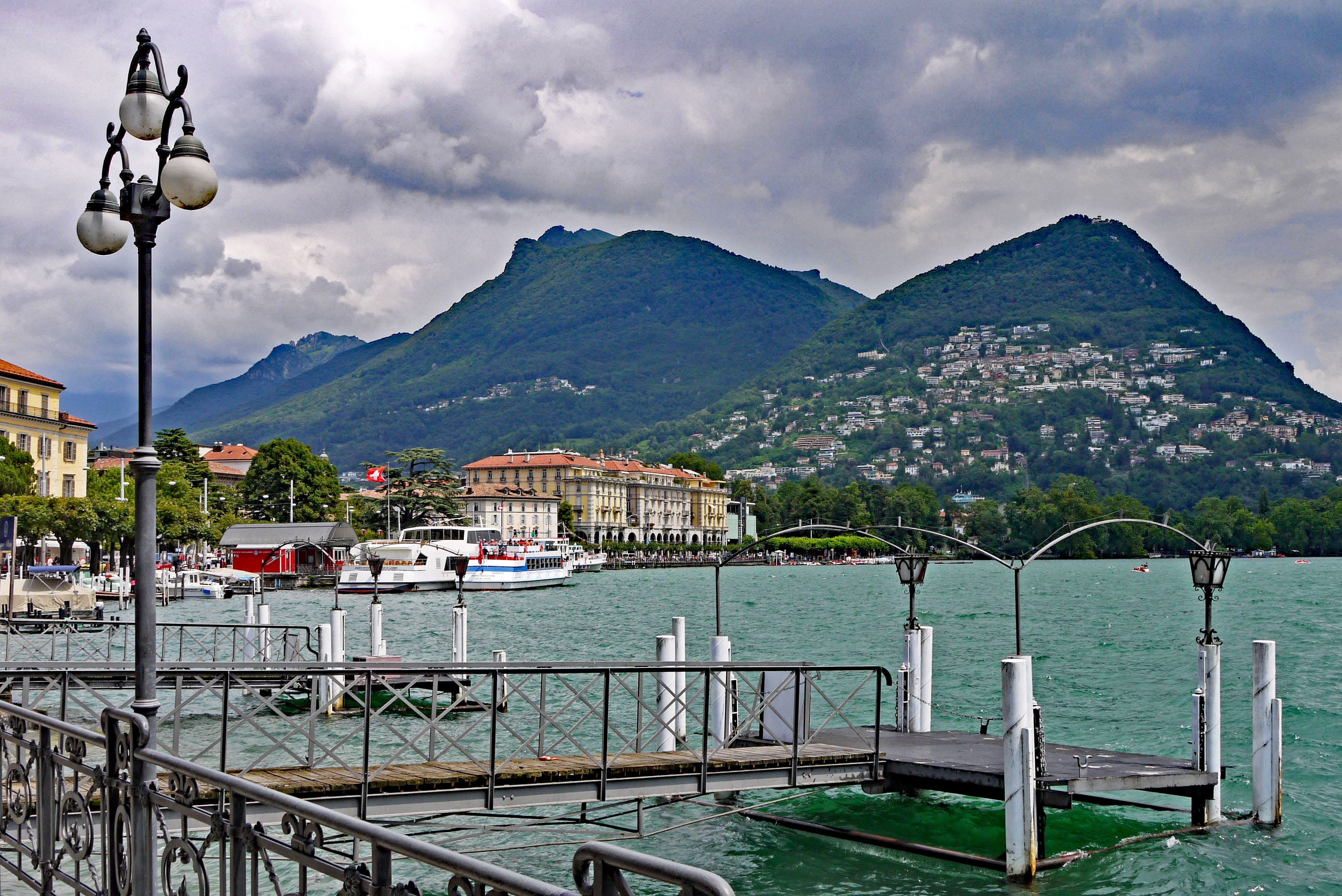 beauty in nature, travel destinations, lake lugano, scenics - nature, railing, Promenade, 4K, mode of transportation, building exterior, outdoors, city, HD Wallpaper