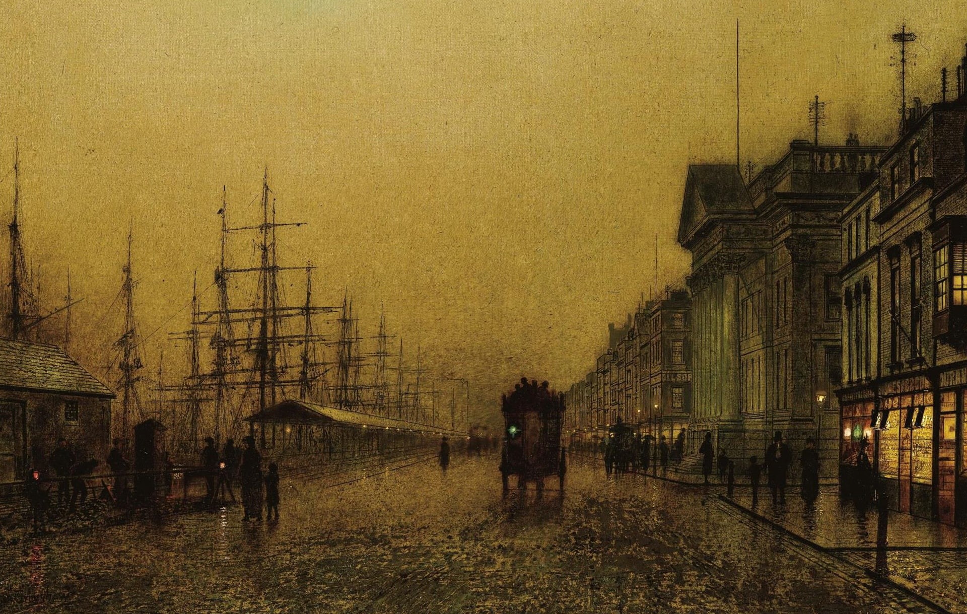 1080P, home, promenade, John Atkinson Grimshaw, picture, Salthouse Docks. Liverpool, ship, the urban landscape, HD Wallpaper