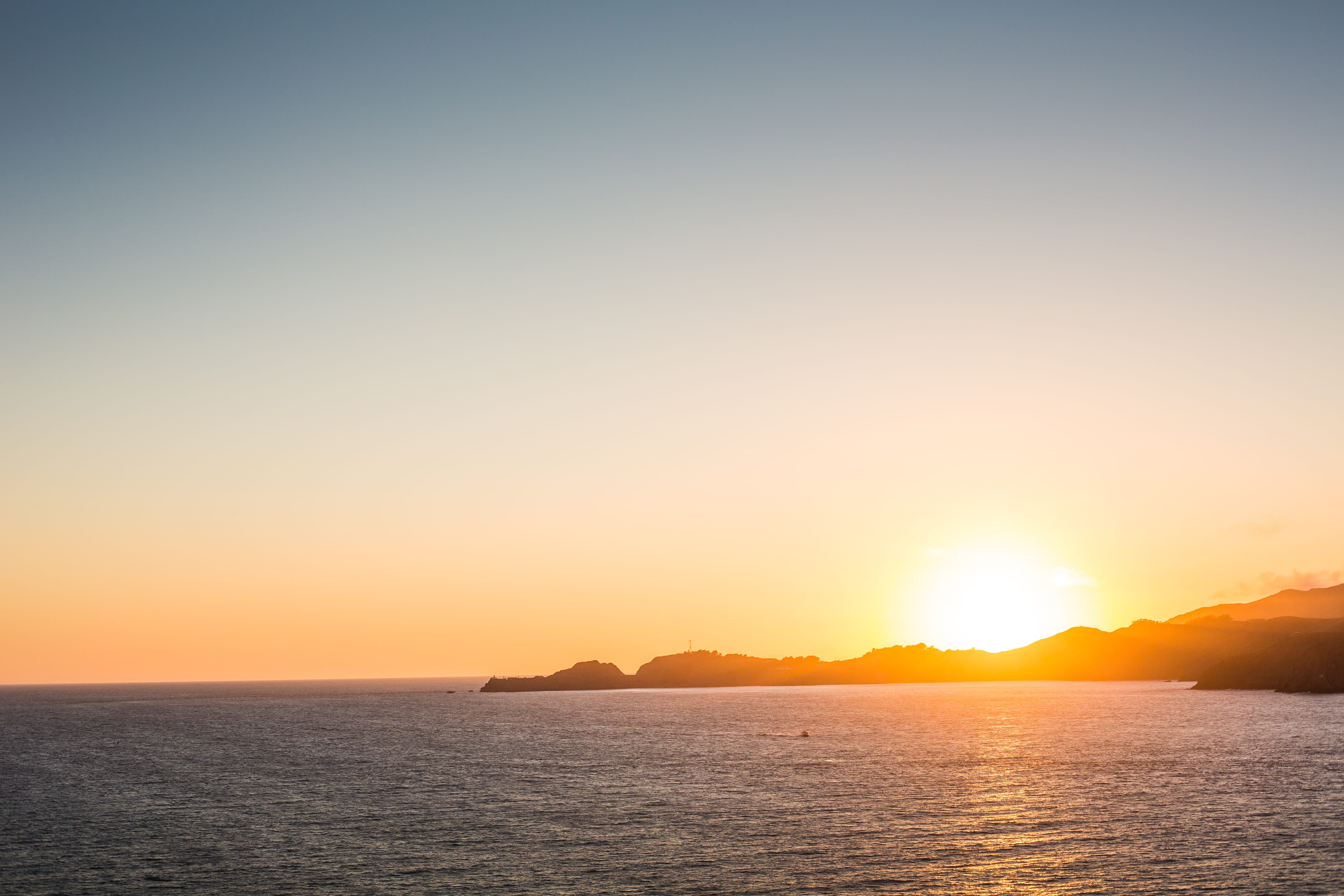 california, blue, bay, coastline, cloudless, dusk, summer, tranquil Scene, landscape, water, sun, room for text, outdoors, sea, scenics, sunlight, horizon, HD Wallpaper