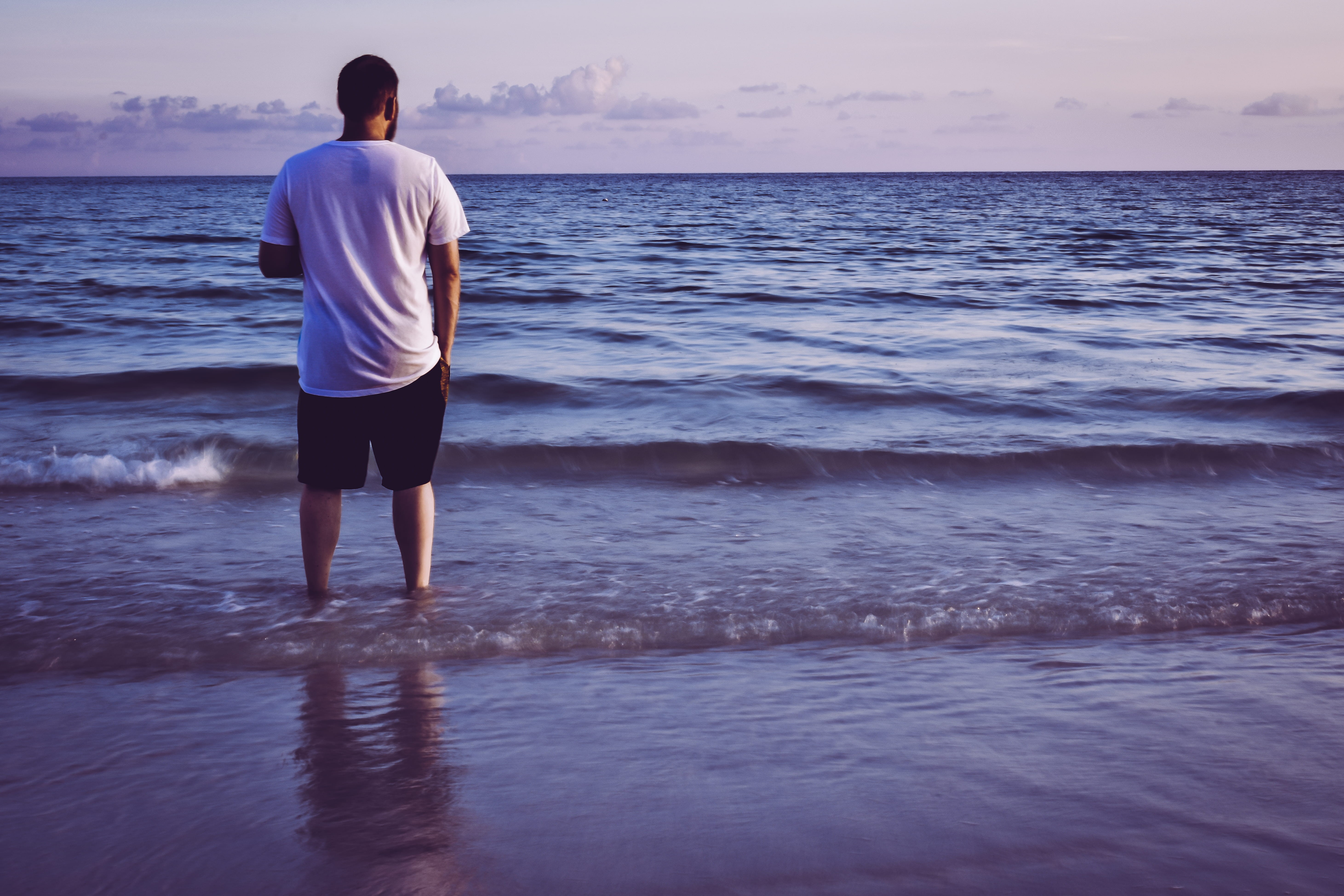 scenery, shorts, sky, water, real people, scenic, outdoors, man, scenics - nature, shore, back, sand, guy, male, land, ocean, back view, environment, idyllic, HD Wallpaper