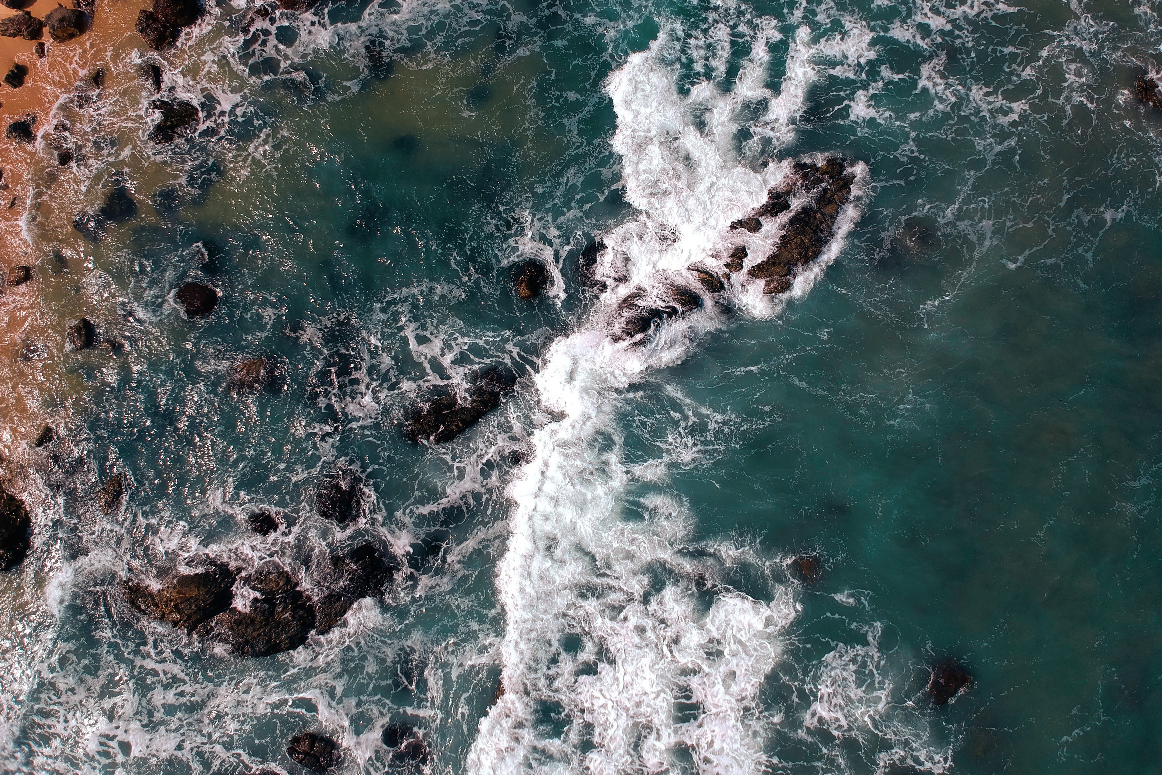seashore, beauty in nature, outdoors, turquoise colored, birds eye view, day, waves, swimming, water, beach, rocks, drone view, naturee, photo, HD Wallpaper