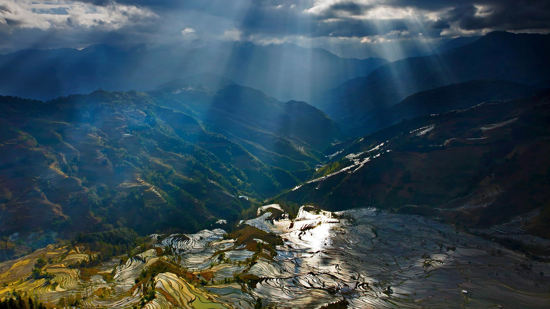 1080P, cloud - sky, Yuanyang County, sky, environment, lens flare, scenics - nature, nature, no people, mountain range, tranquility, sunlight, rays, beauty in nature, HD Wallpaper