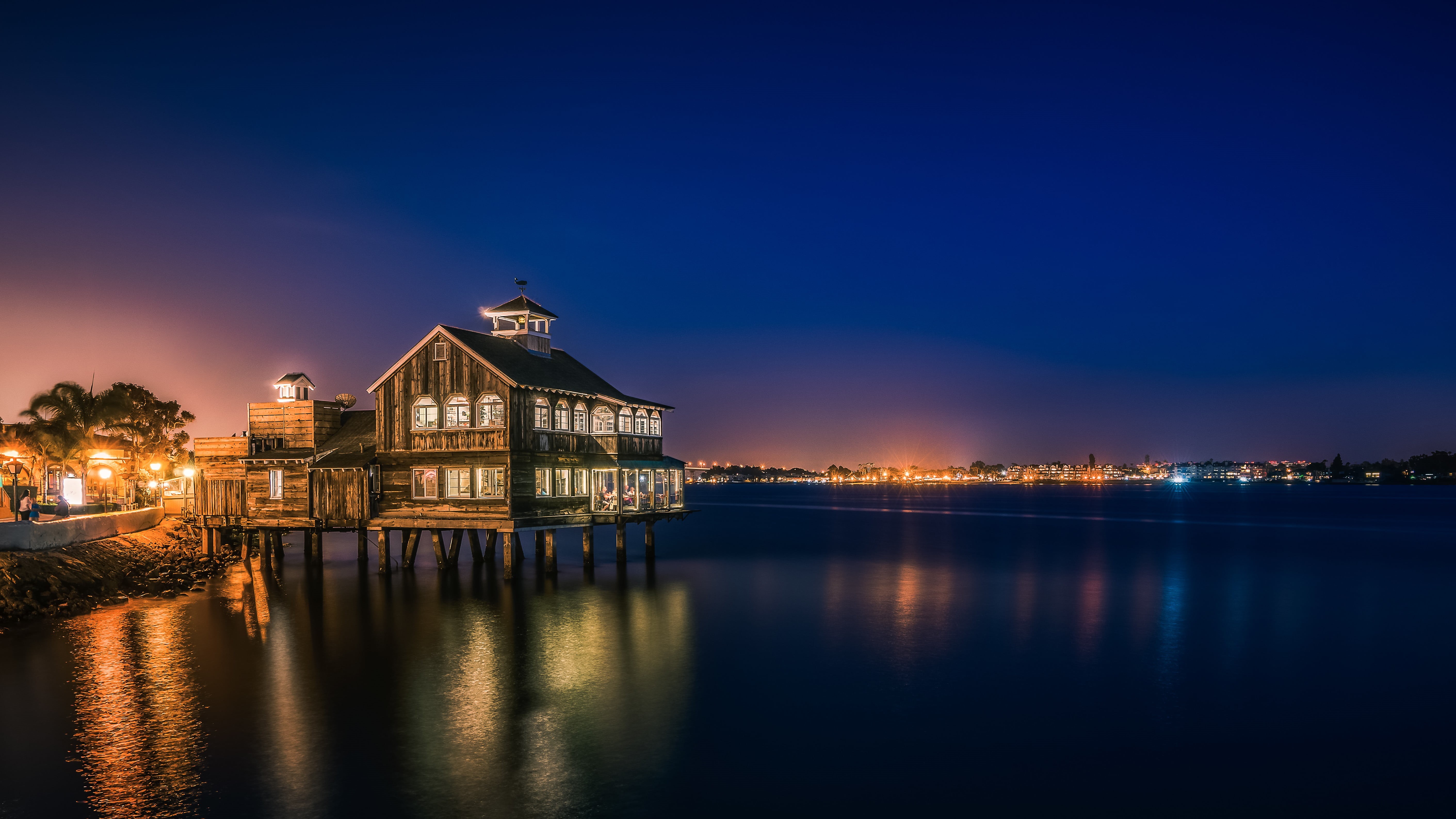 cityscape, nature, bay, illuminated, sky, twilight, dusk, the past, urban, city, San Diego, architecture, reflection, travel destinations, house, Pier Cafe, HD Wallpaper