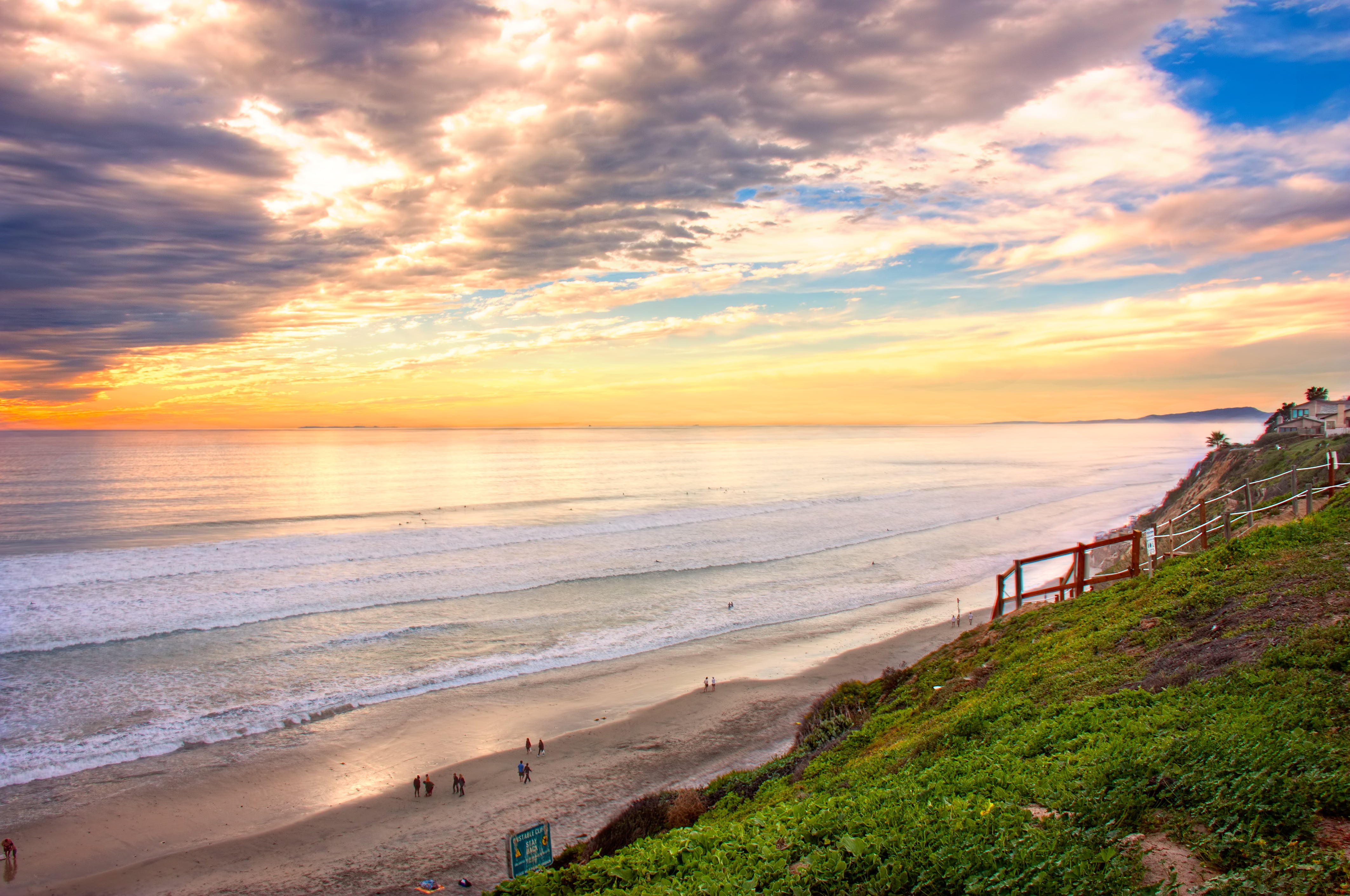 Sunset, Canon, Seascape, sand, 4K, sea, Landscape, people, Beacons, San Diego, beach, Horizons, nature, coastline, Encinitas  California, standing, beach, HD Wallpaper
